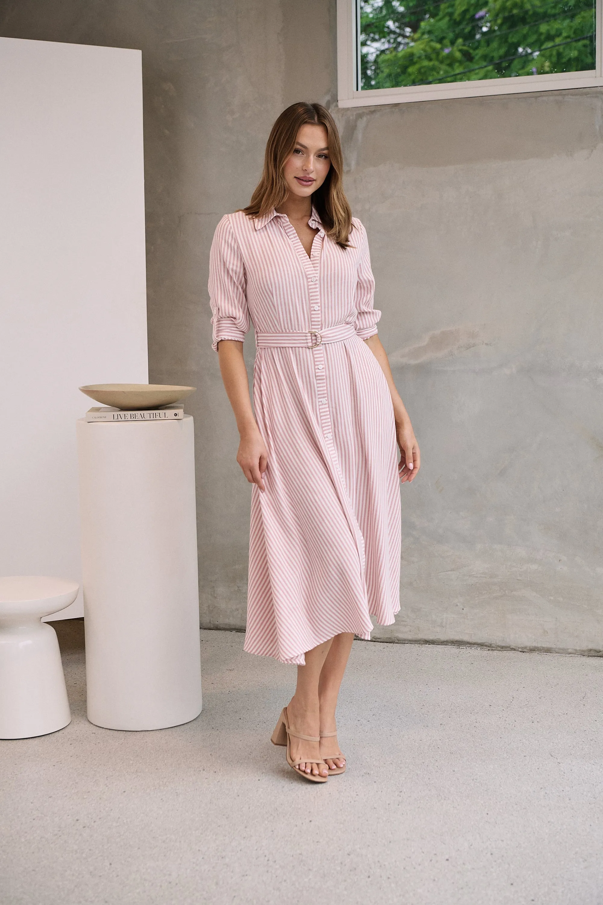 Carly White/Pink Stripe Collared Tie Waist Button Midi Dress