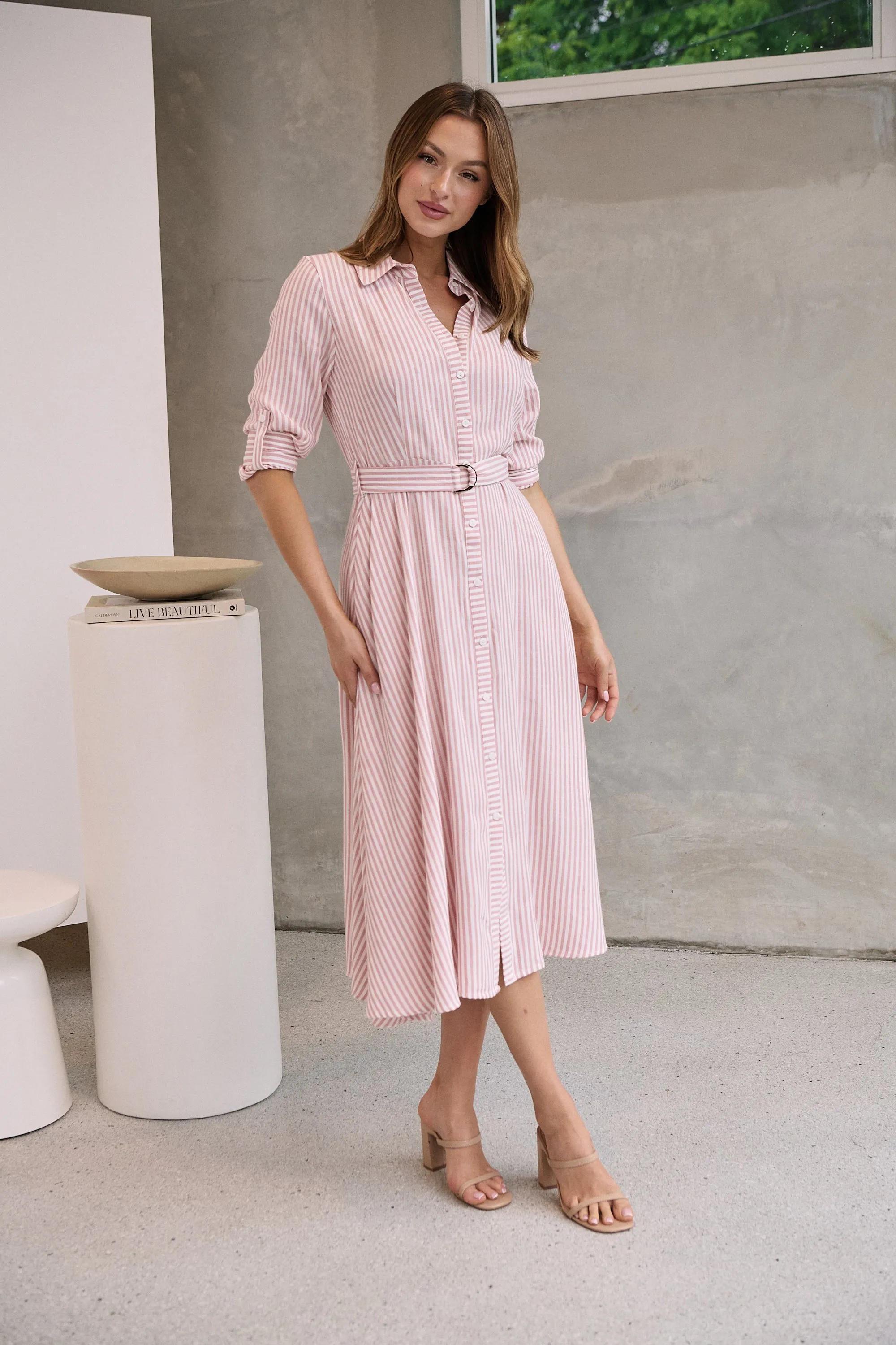 Carly White/Pink Stripe Collared Tie Waist Button Midi Dress