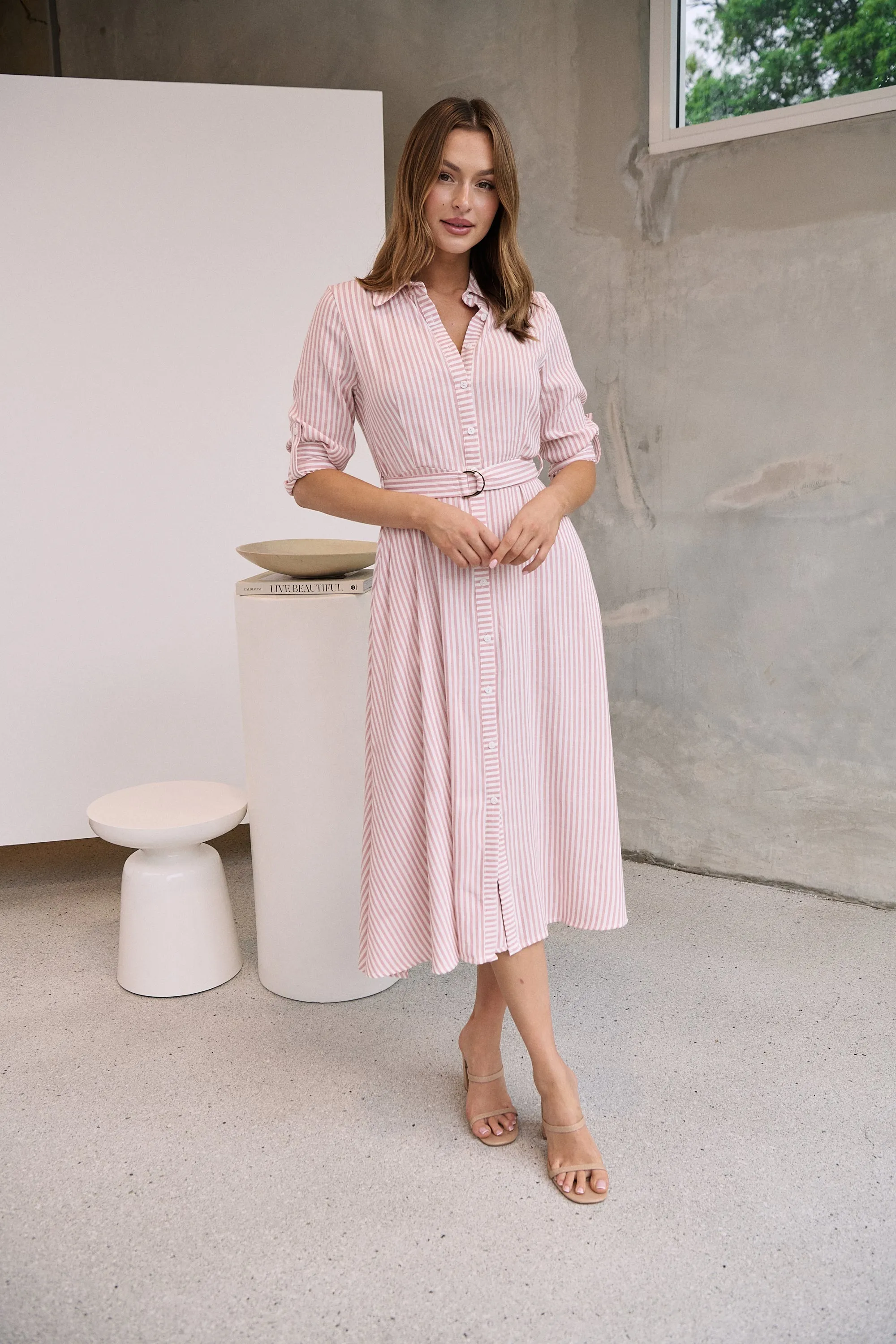 Carly White/Pink Stripe Collared Tie Waist Button Midi Dress