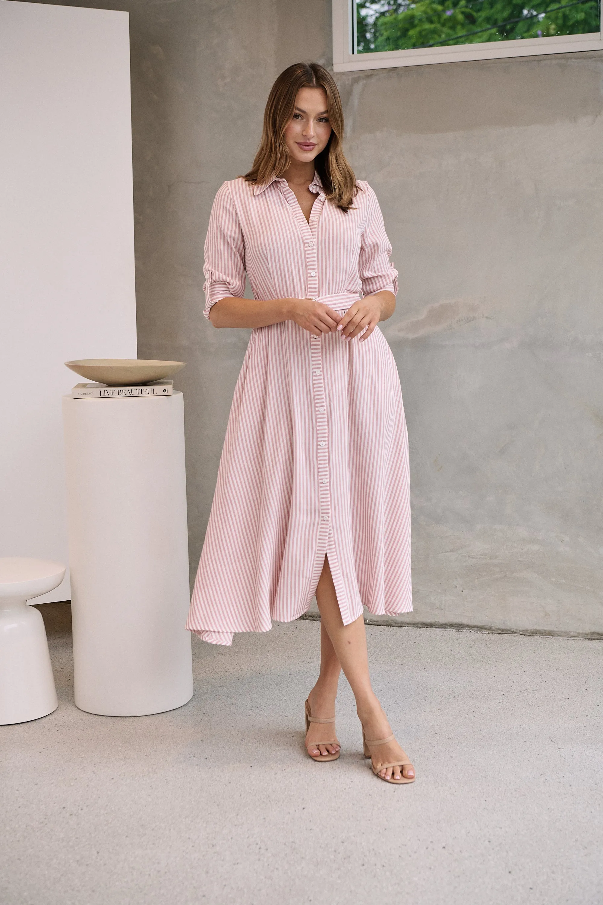 Carly White/Pink Stripe Collared Tie Waist Button Midi Dress