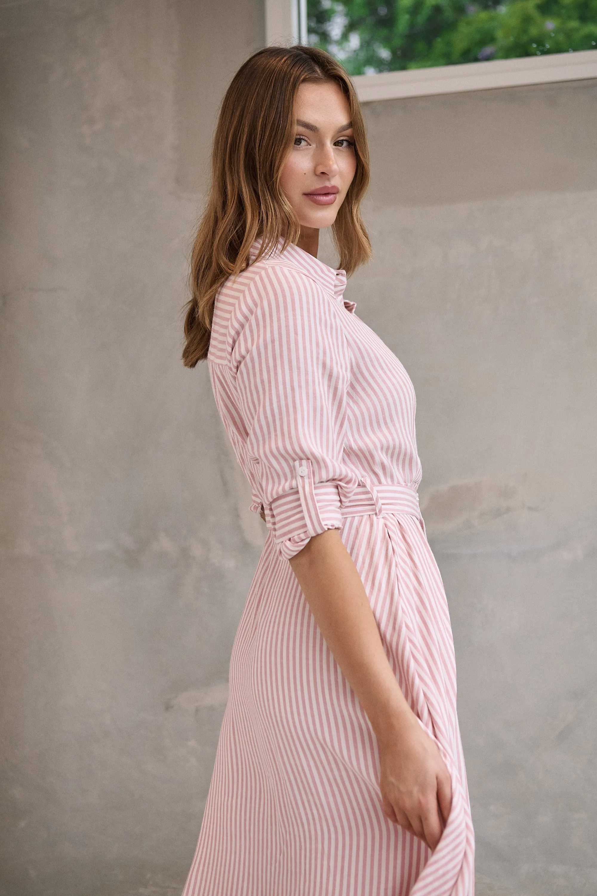 Carly White/Pink Stripe Collared Tie Waist Button Midi Dress