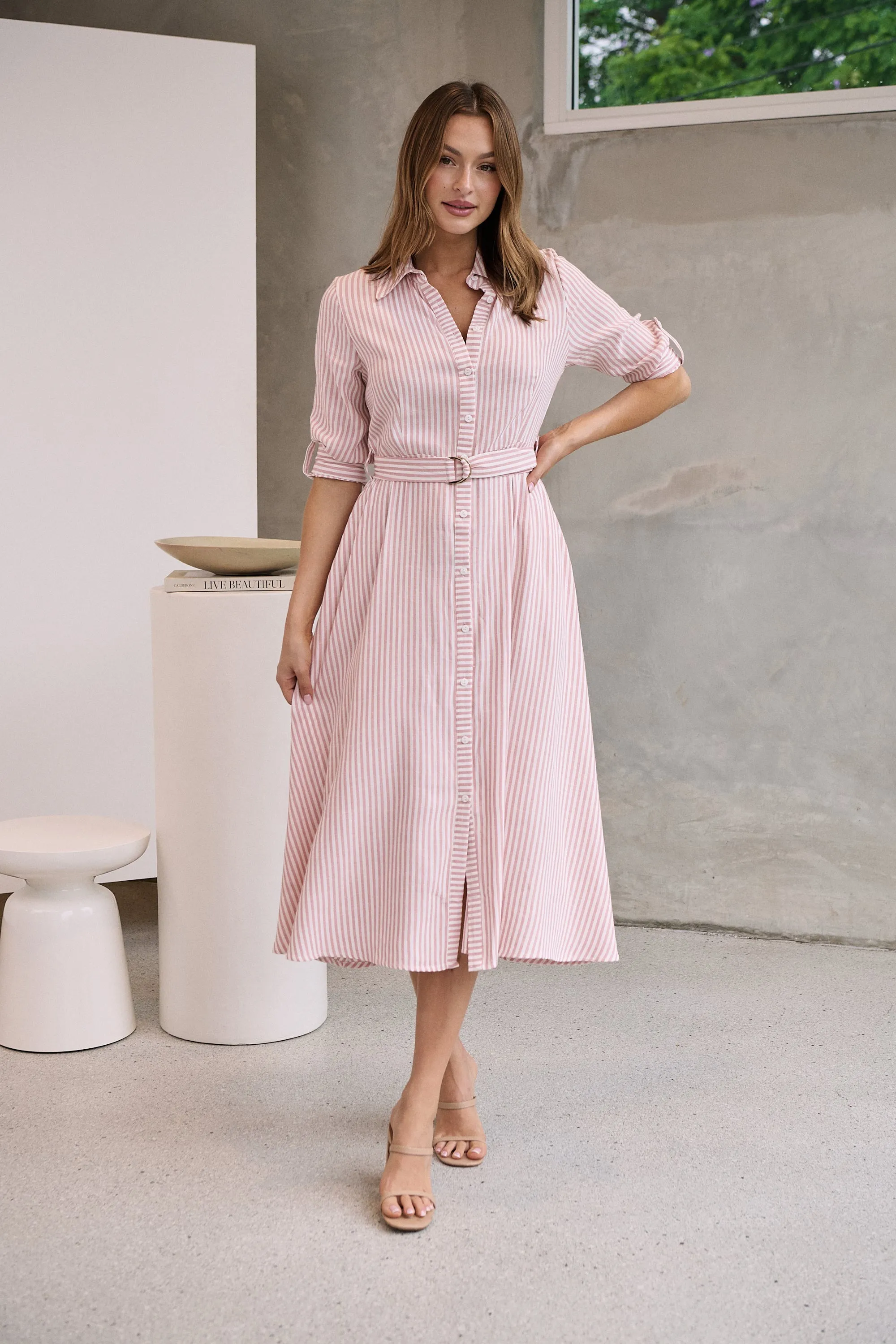 Carly White/Pink Stripe Collared Tie Waist Button Midi Dress