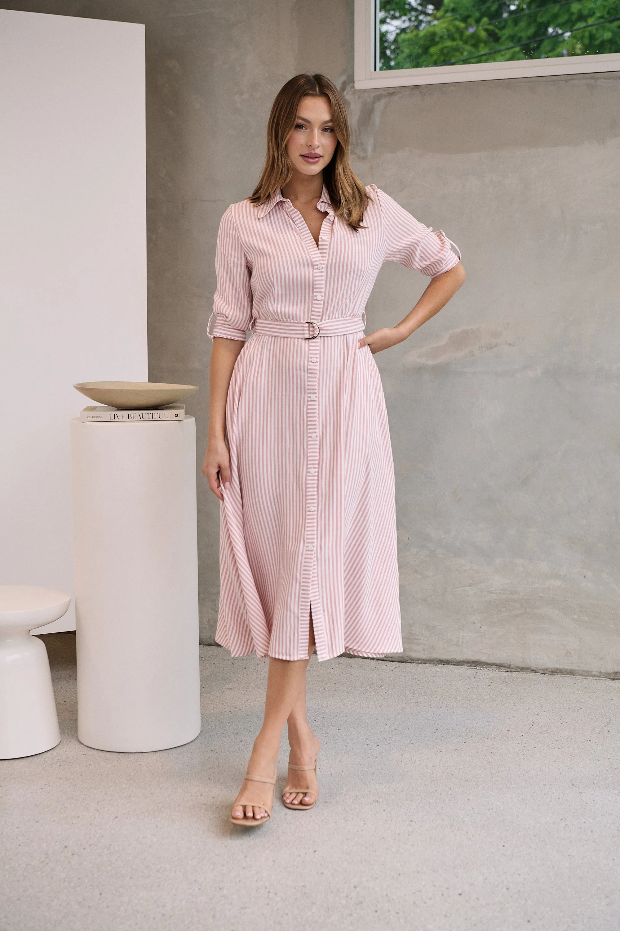 Carly White/Pink Stripe Collared Tie Waist Button Midi Dress