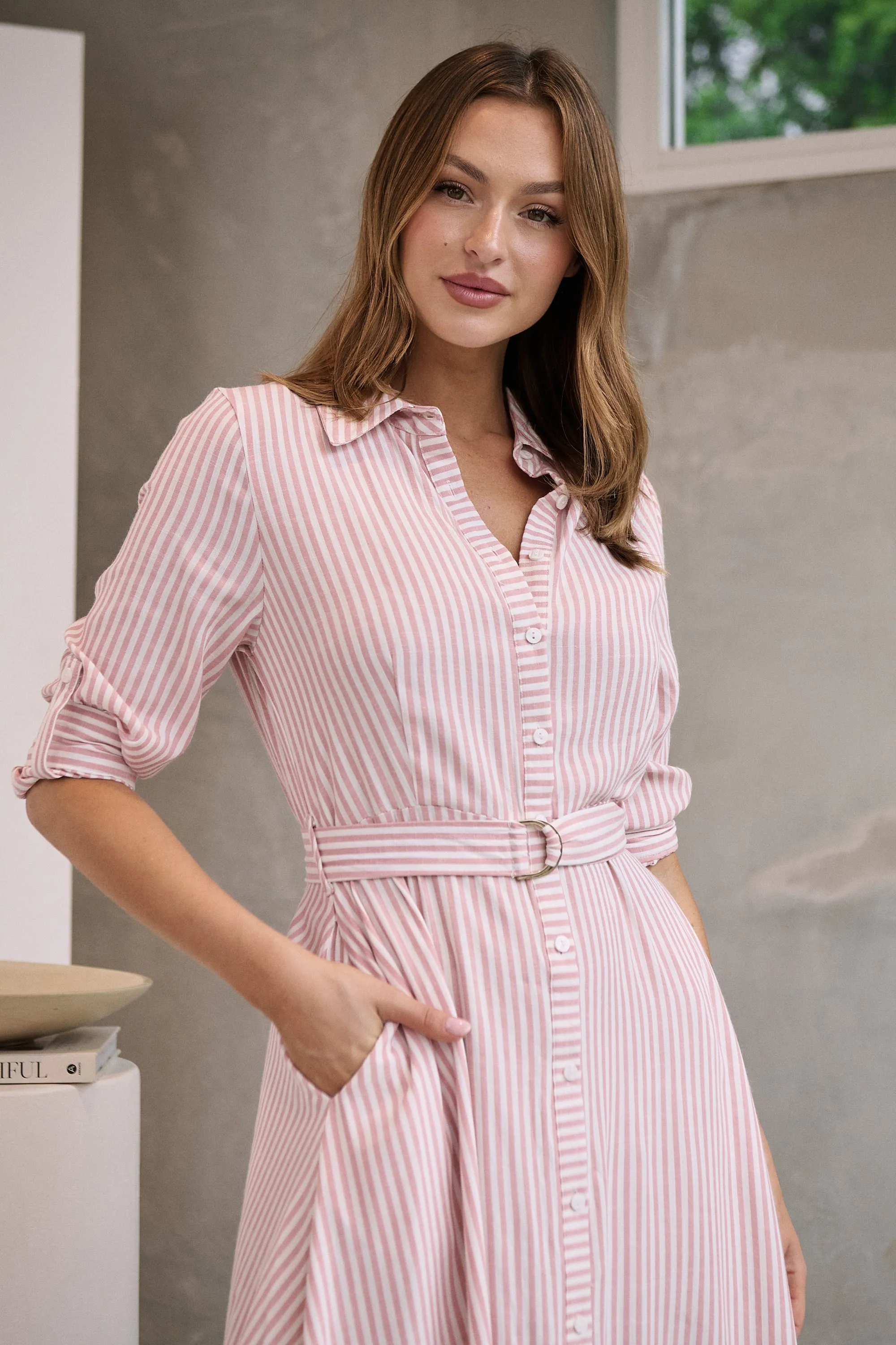 Carly White/Pink Stripe Collared Tie Waist Button Midi Dress