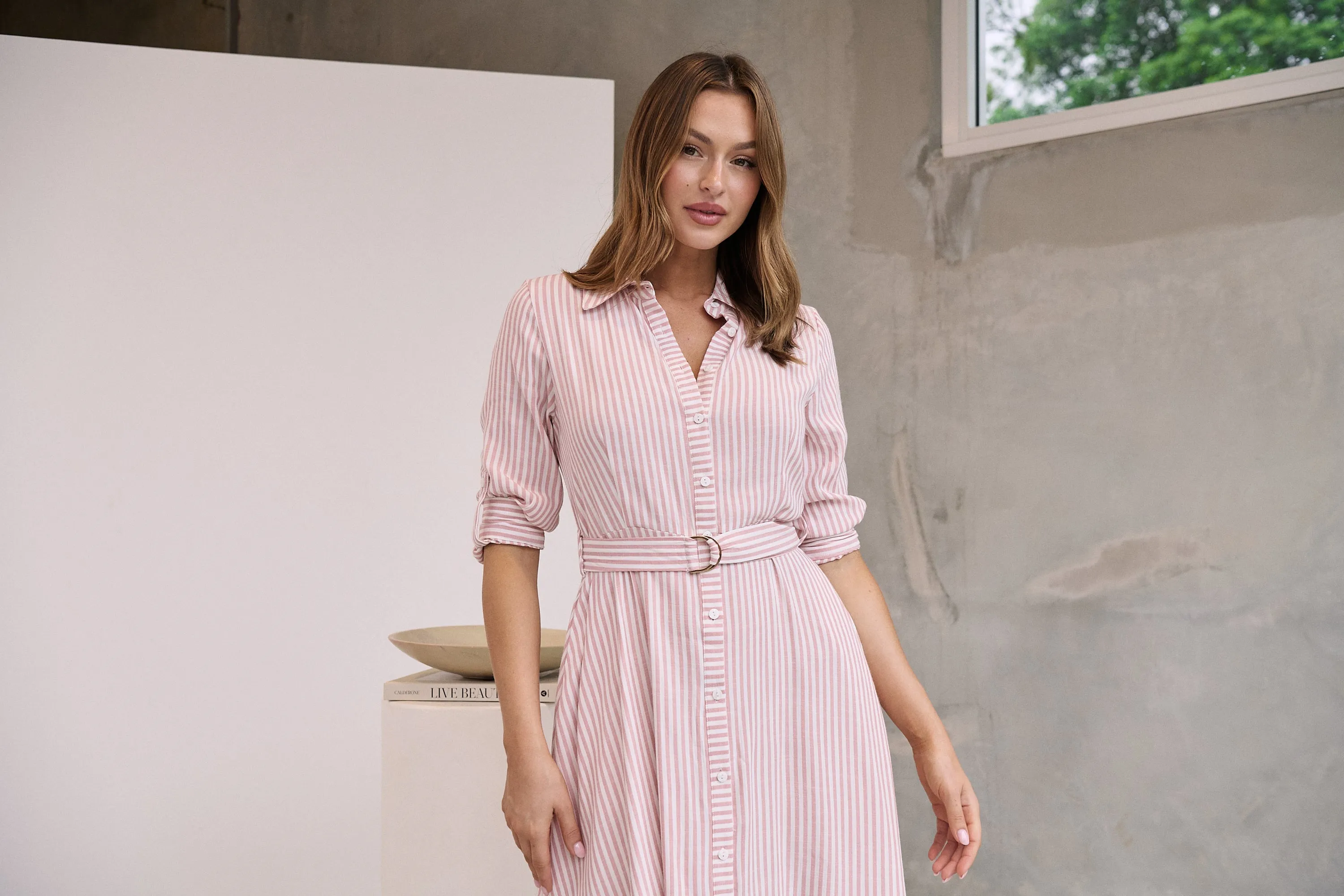 Carly White/Pink Stripe Collared Tie Waist Button Midi Dress