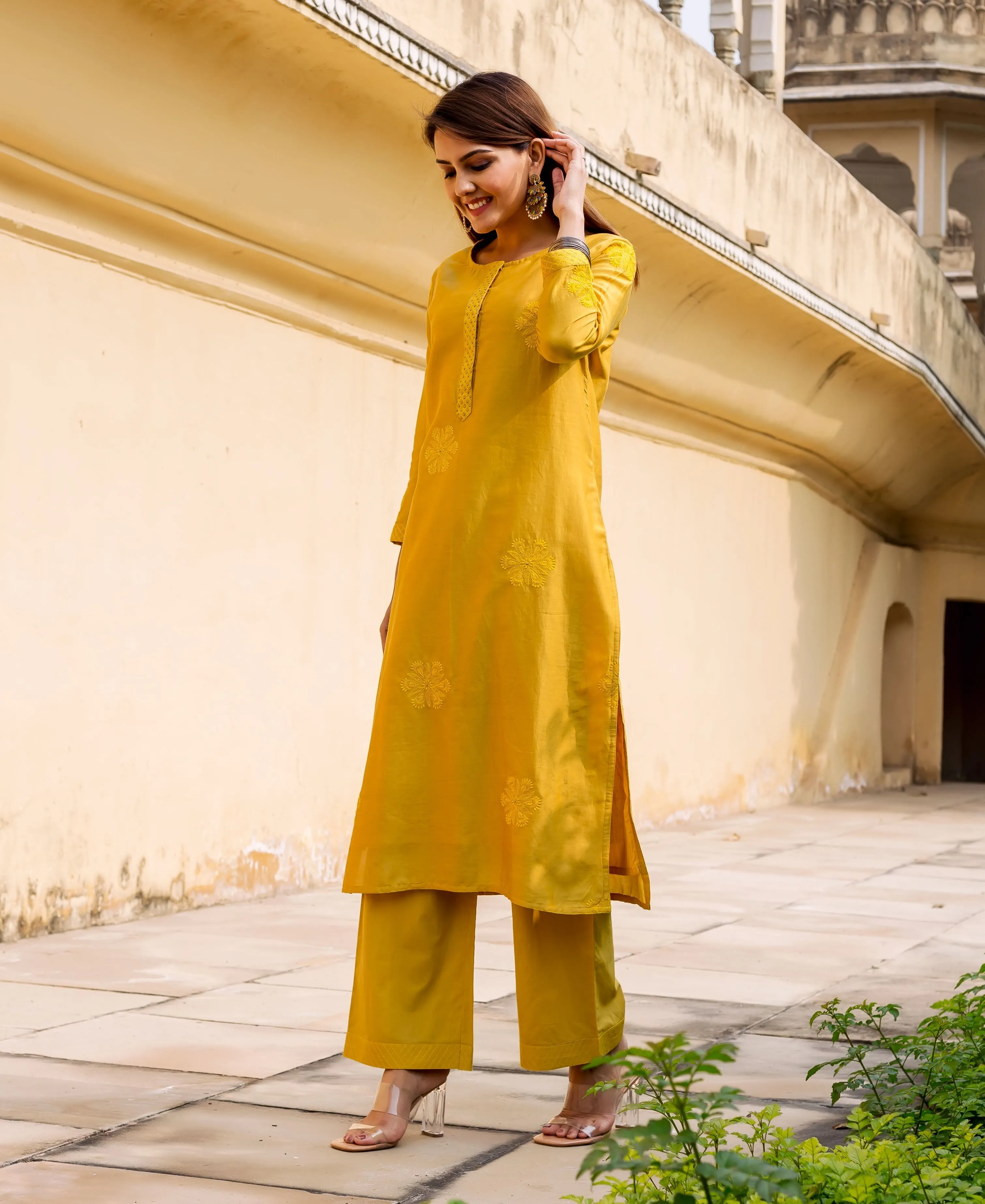 Carnation Yellow Hand Embroidered Kurta