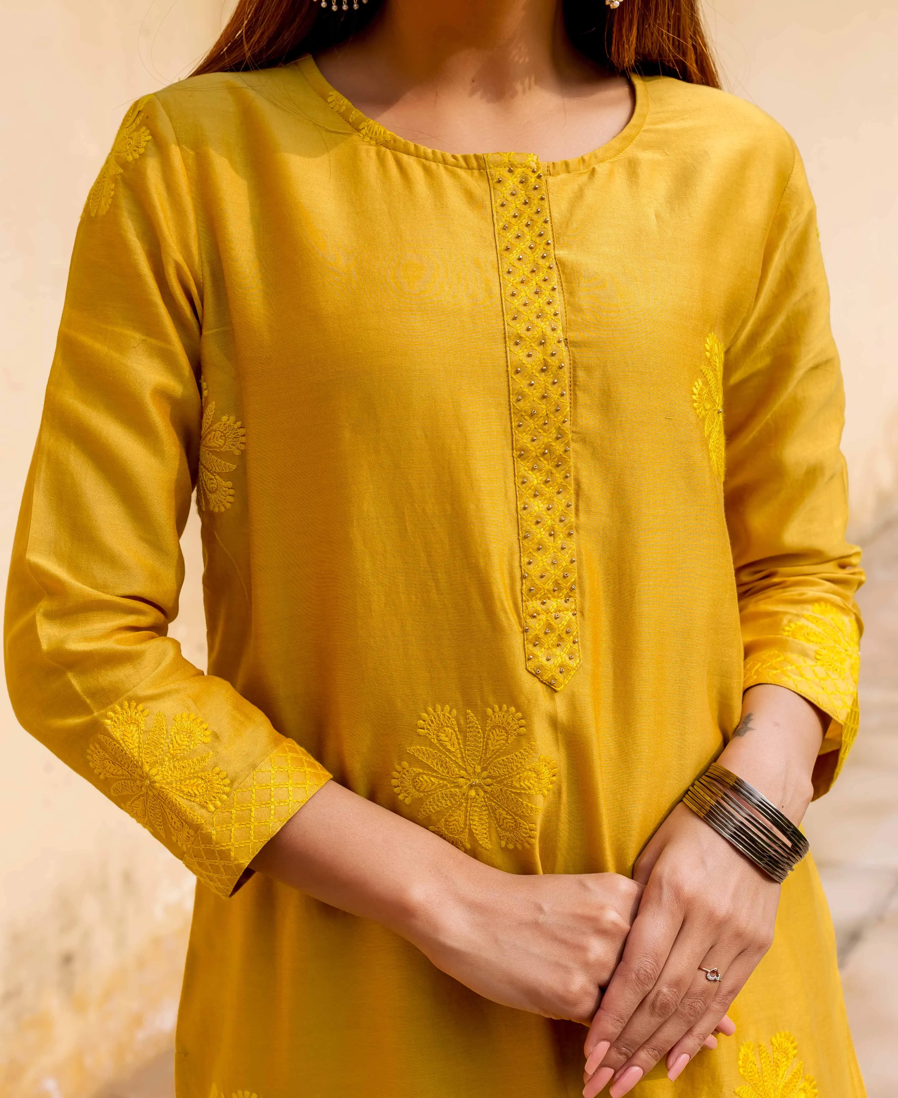 Carnation Yellow Hand Embroidered Kurta