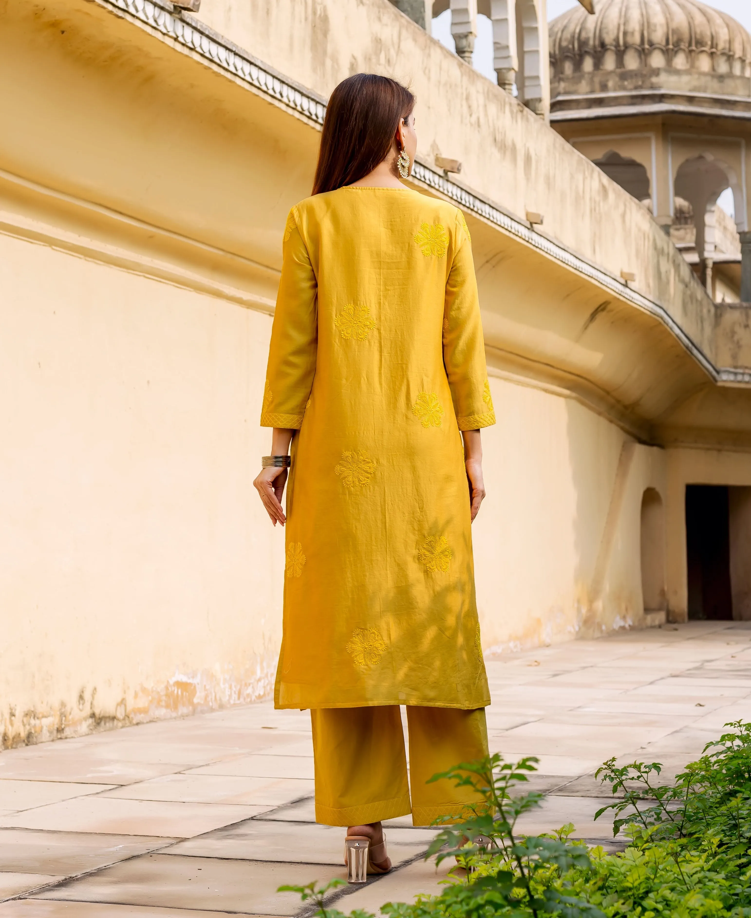 Carnation Yellow Hand Embroidered Kurta