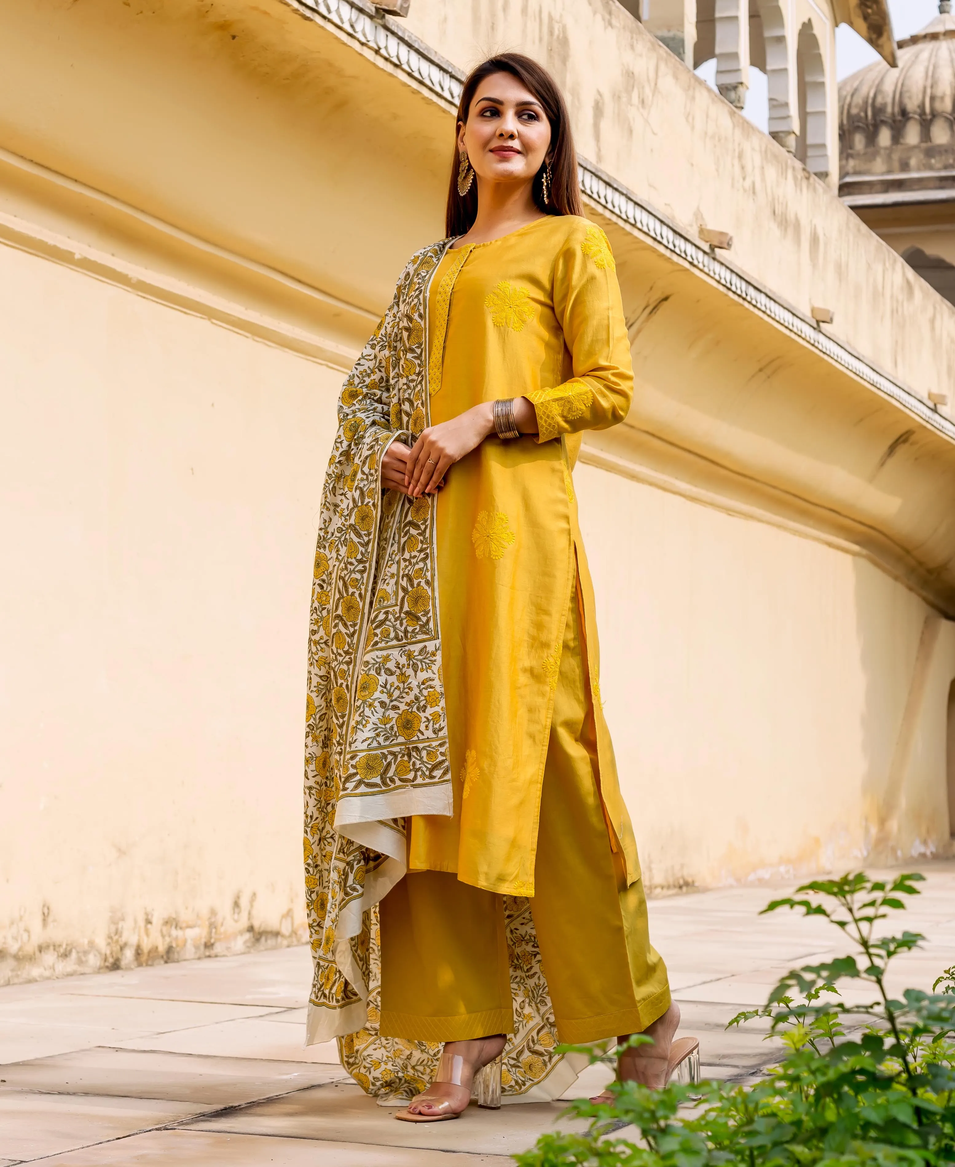 Carnation Yellow Hand Embroidered Kurta