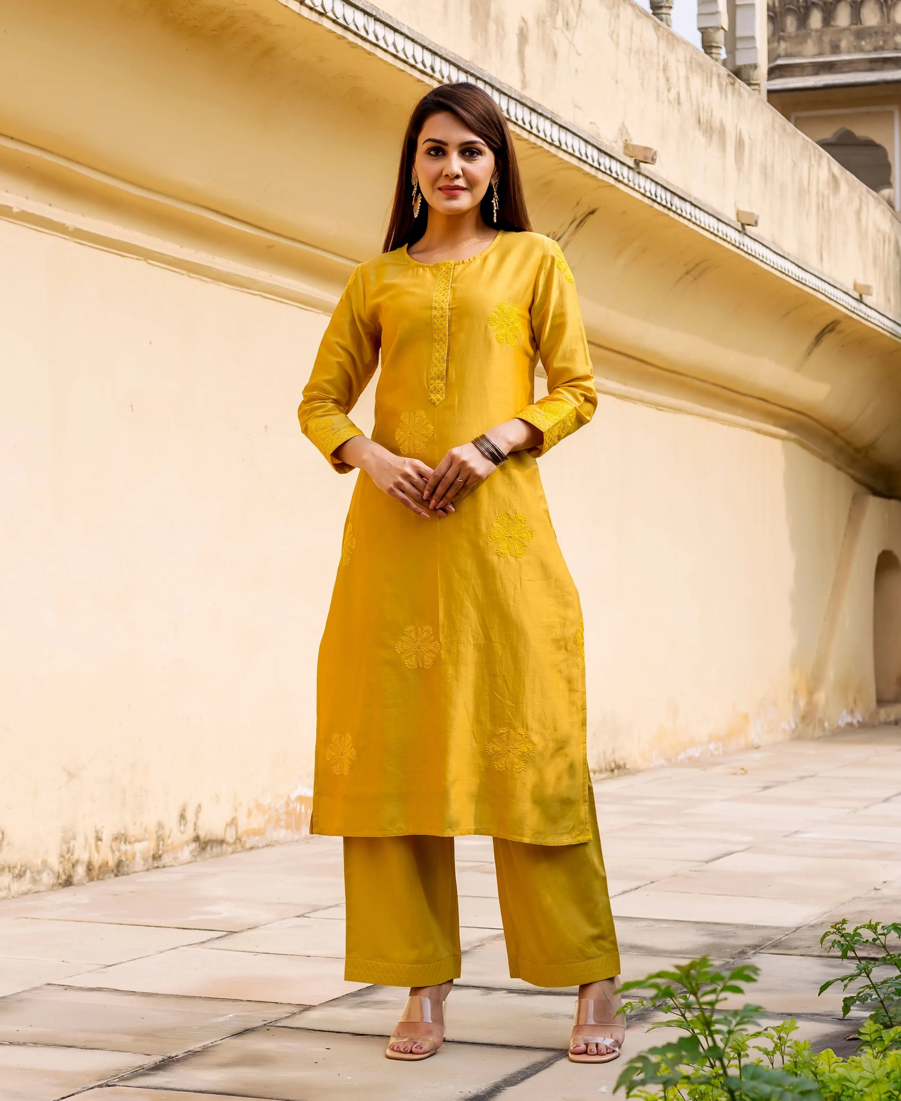 Carnation Yellow Hand Embroidered Kurta