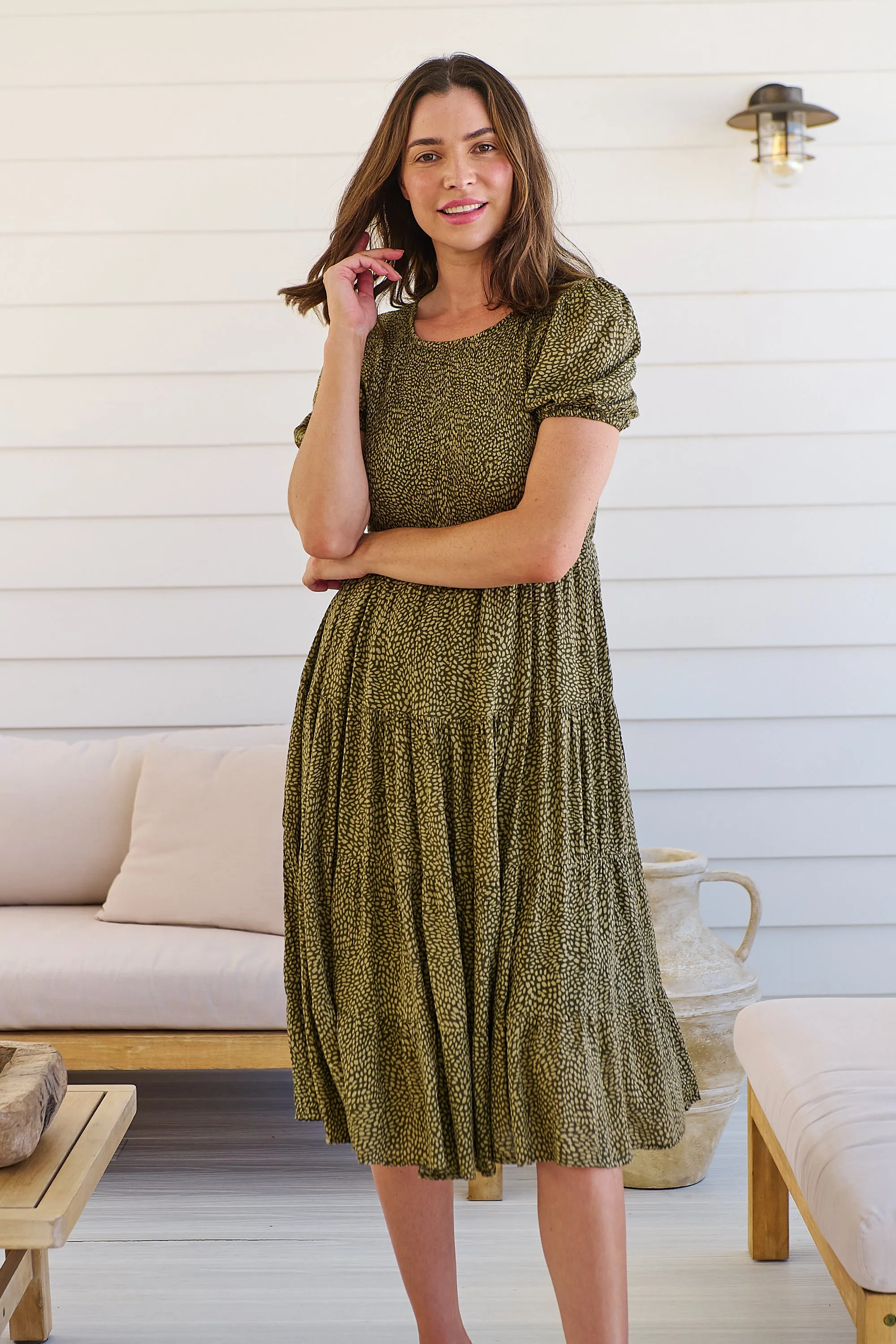 Caroline Khaki Speckled Print Shirred Tiered Dress