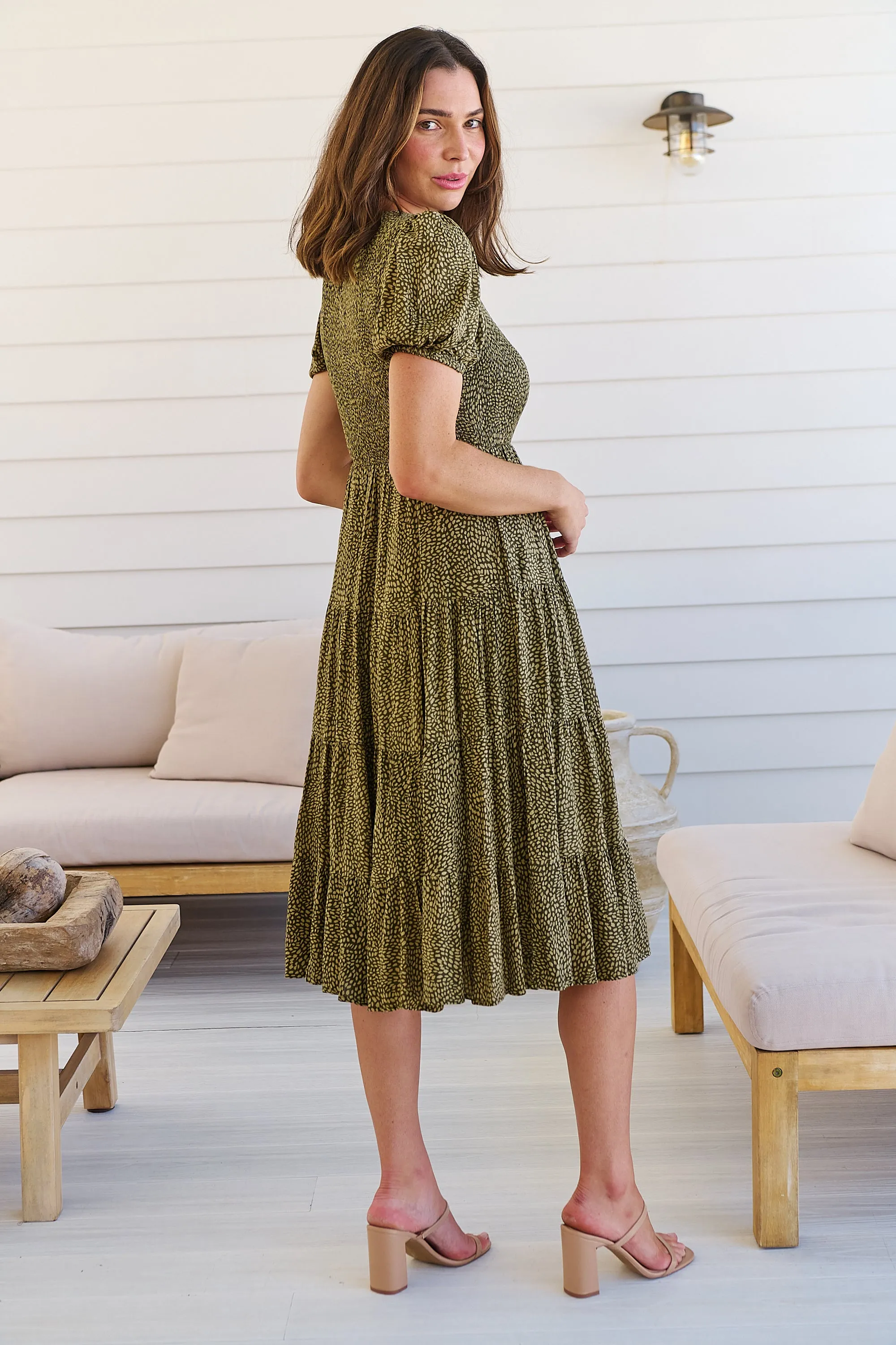 Caroline Khaki Speckled Print Shirred Tiered Dress