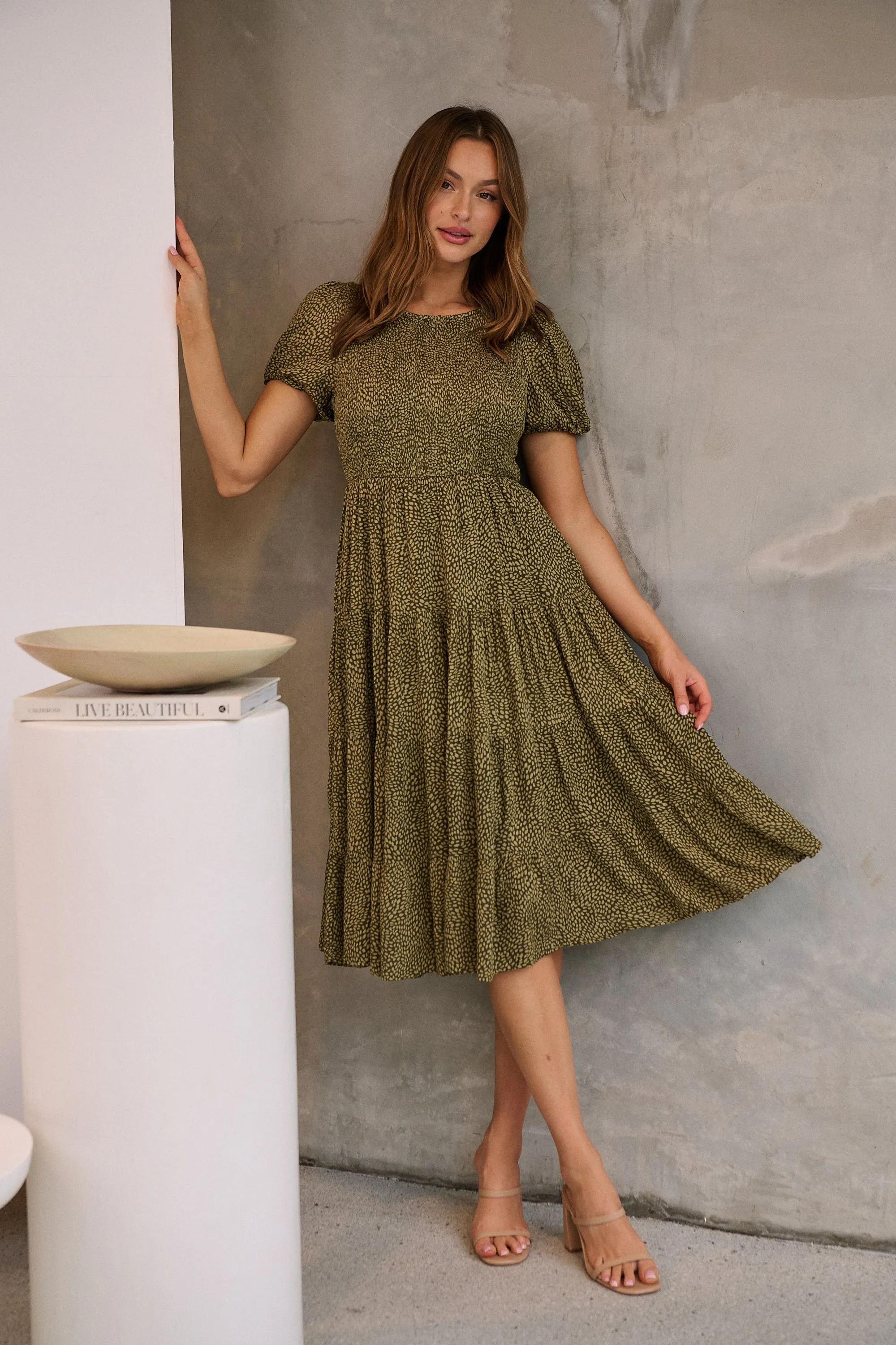 Caroline Khaki Speckled Print Shirred Tiered Dress