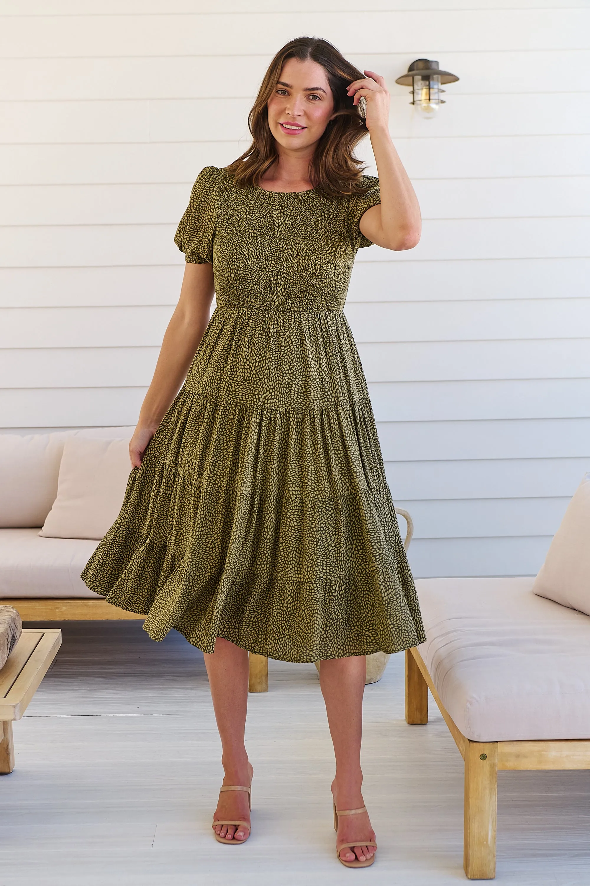 Caroline Khaki Speckled Print Shirred Tiered Dress