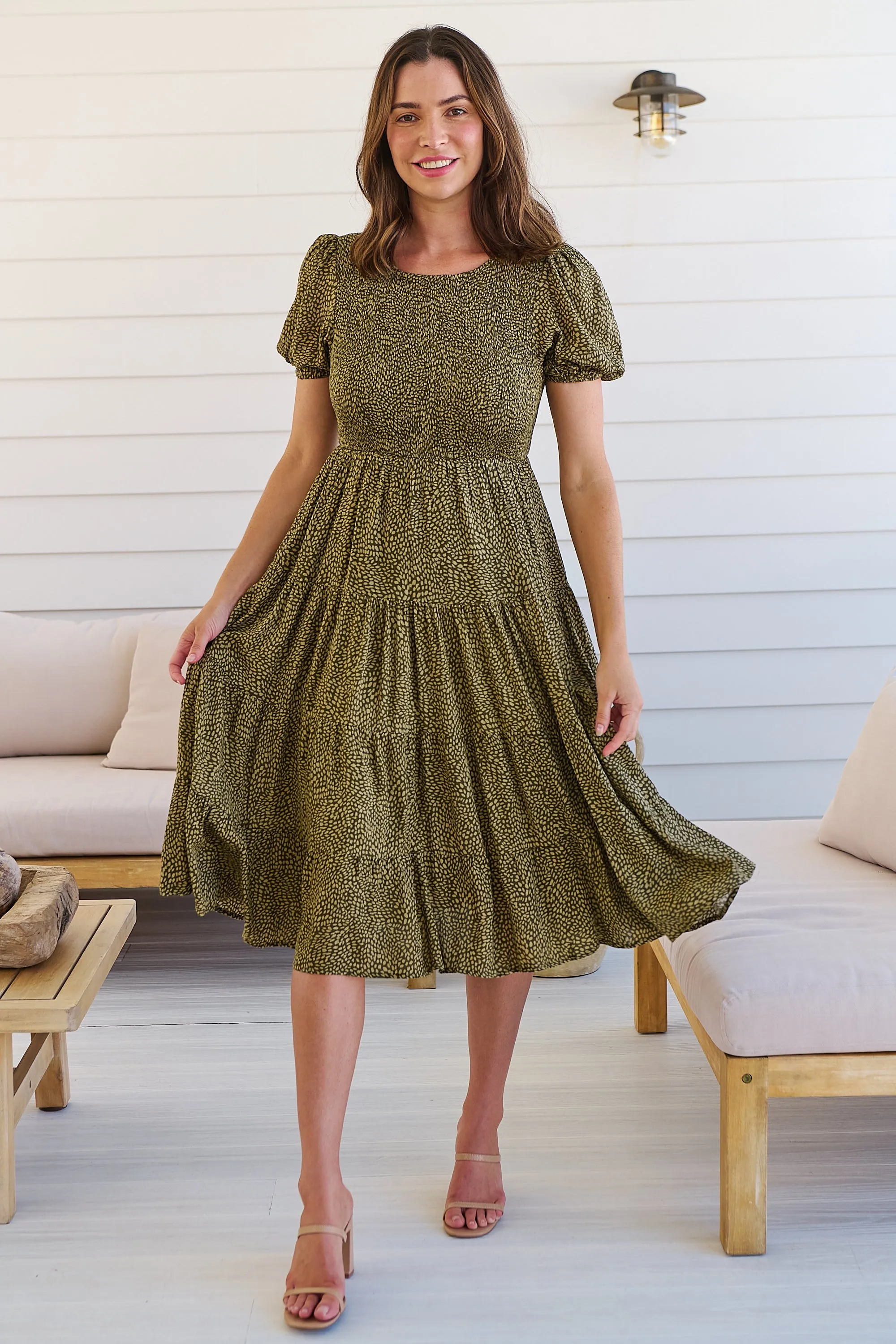 Caroline Khaki Speckled Print Shirred Tiered Dress