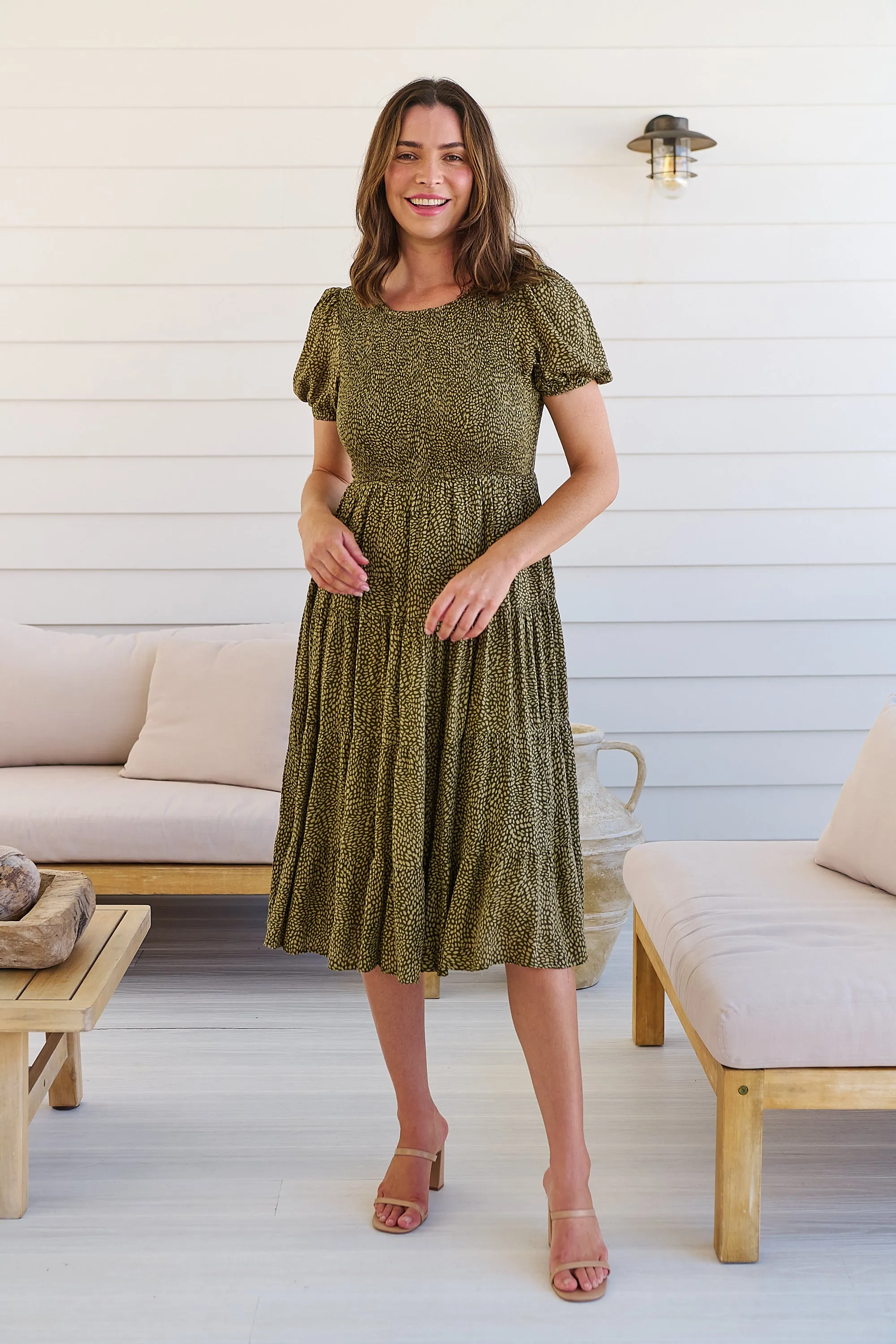 Caroline Khaki Speckled Print Shirred Tiered Dress