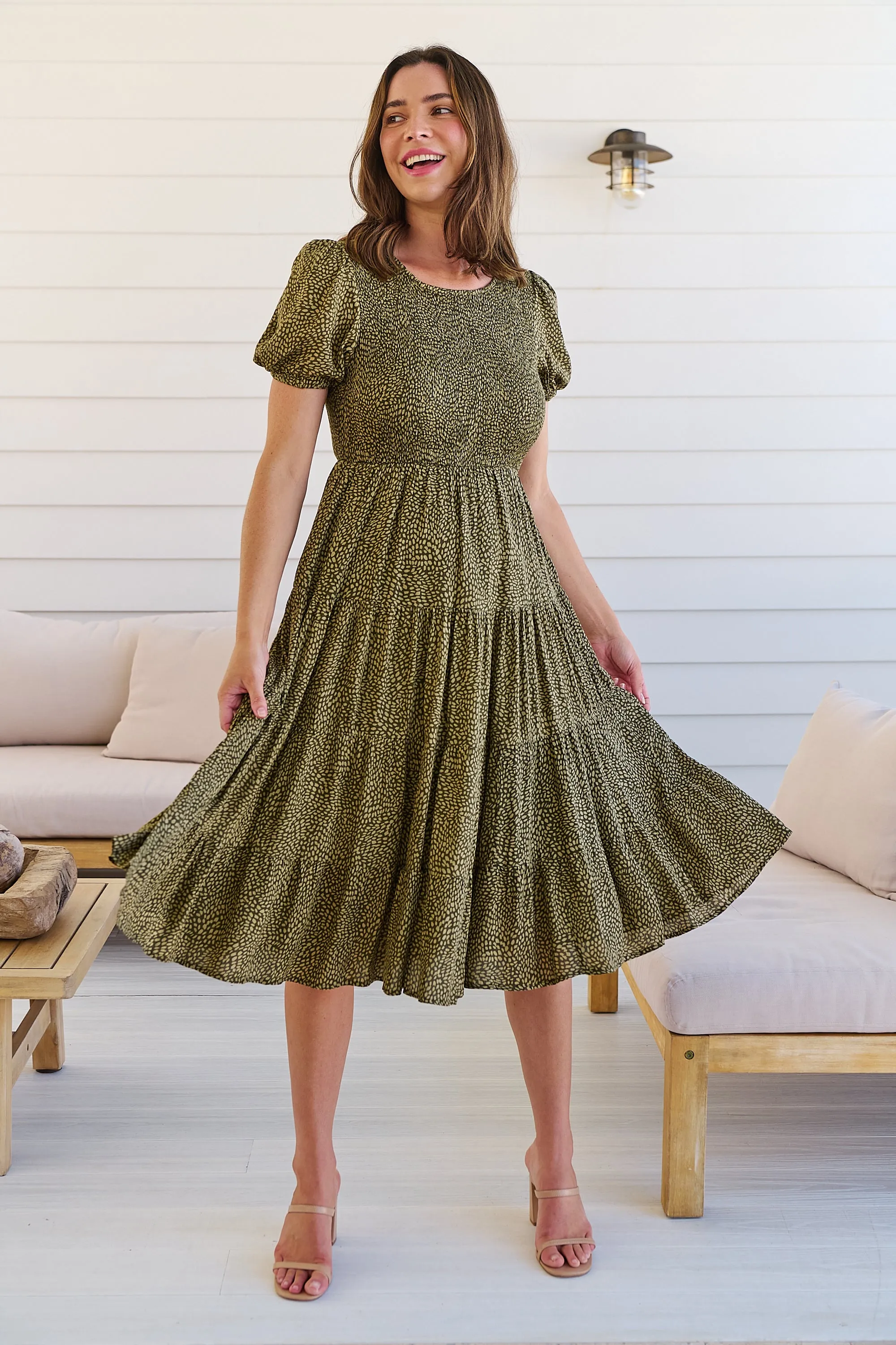 Caroline Khaki Speckled Print Shirred Tiered Dress