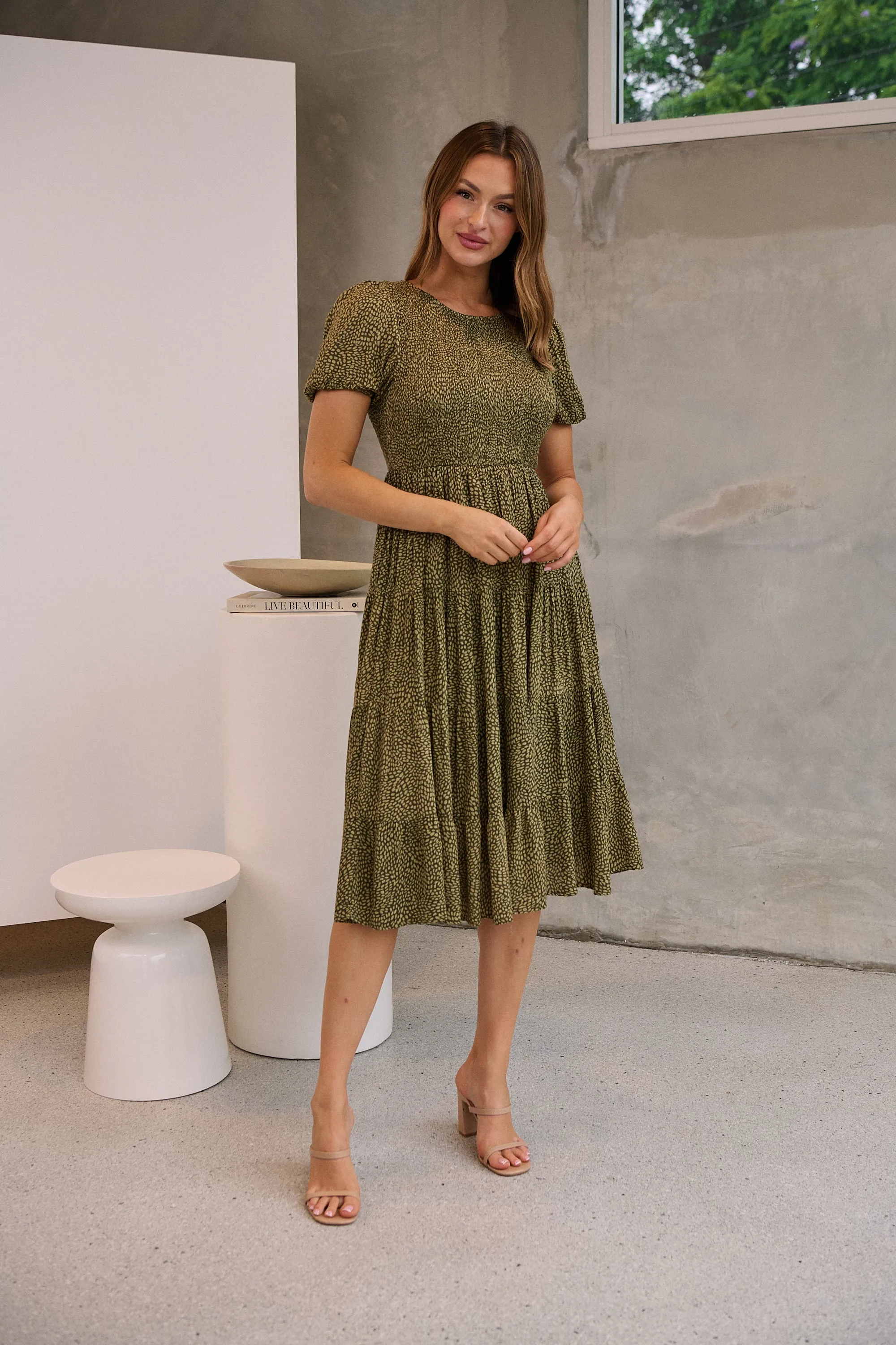 Caroline Khaki Speckled Print Shirred Tiered Dress