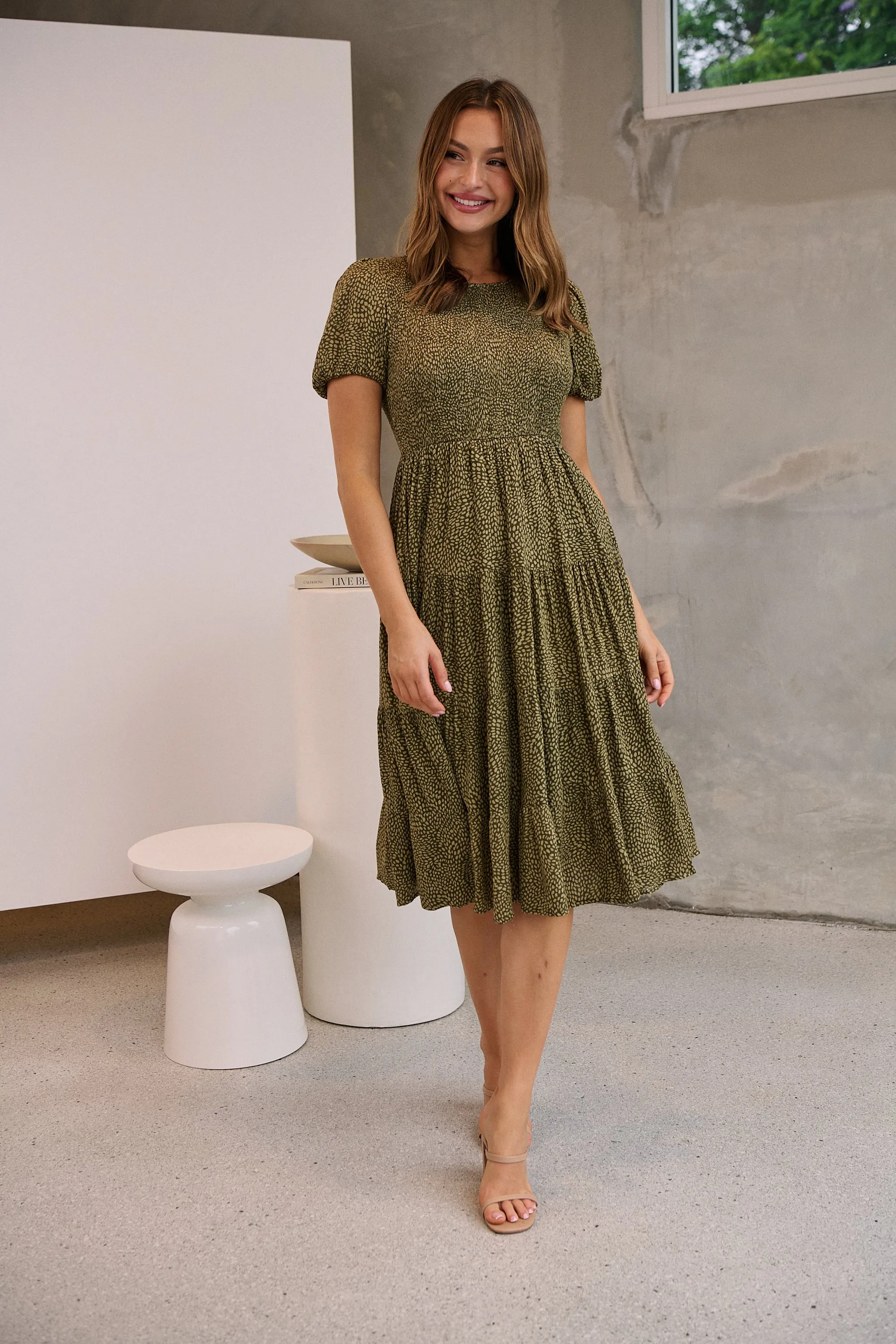 Caroline Khaki Speckled Print Shirred Tiered Dress