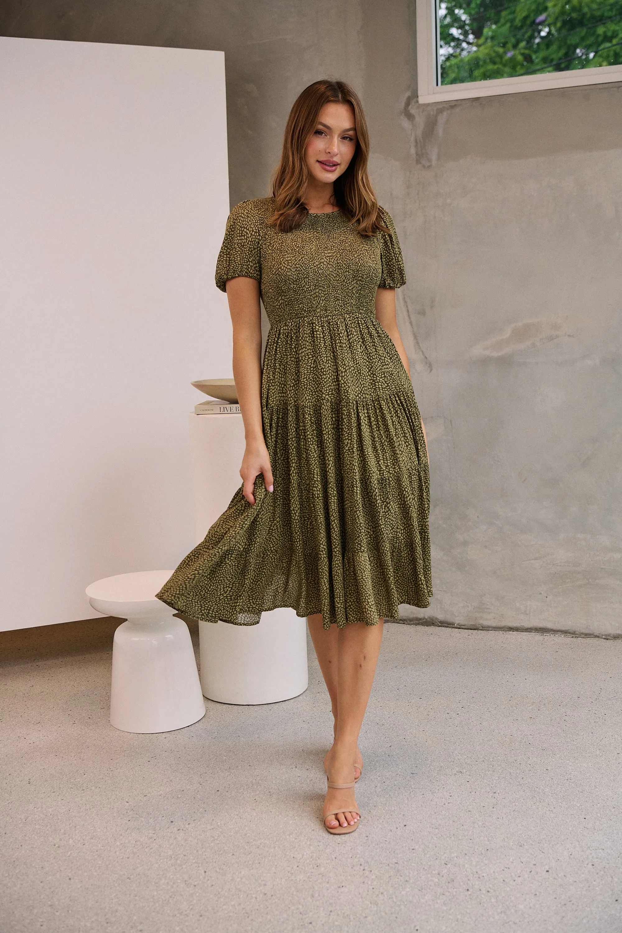 Caroline Khaki Speckled Print Shirred Tiered Dress