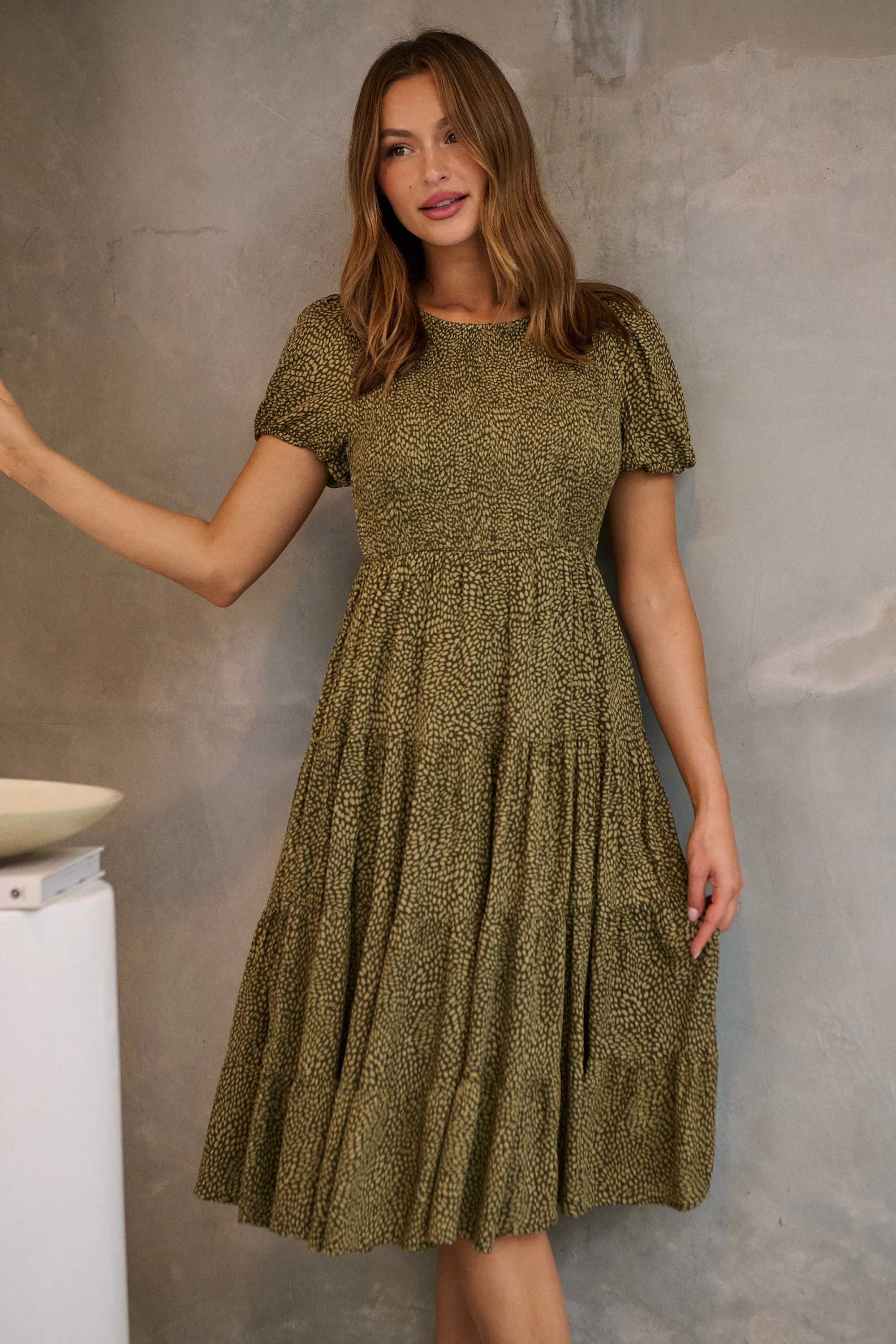 Caroline Khaki Speckled Print Shirred Tiered Dress