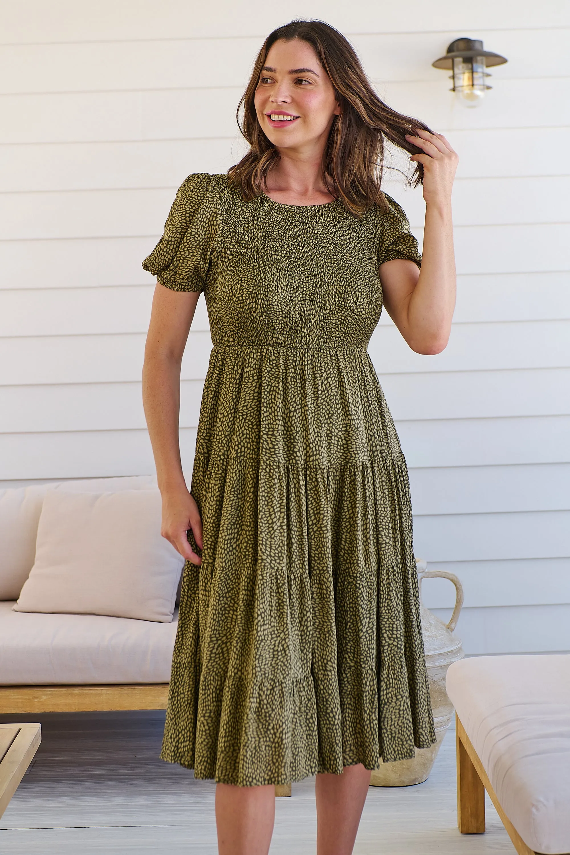 Caroline Khaki Speckled Print Shirred Tiered Dress