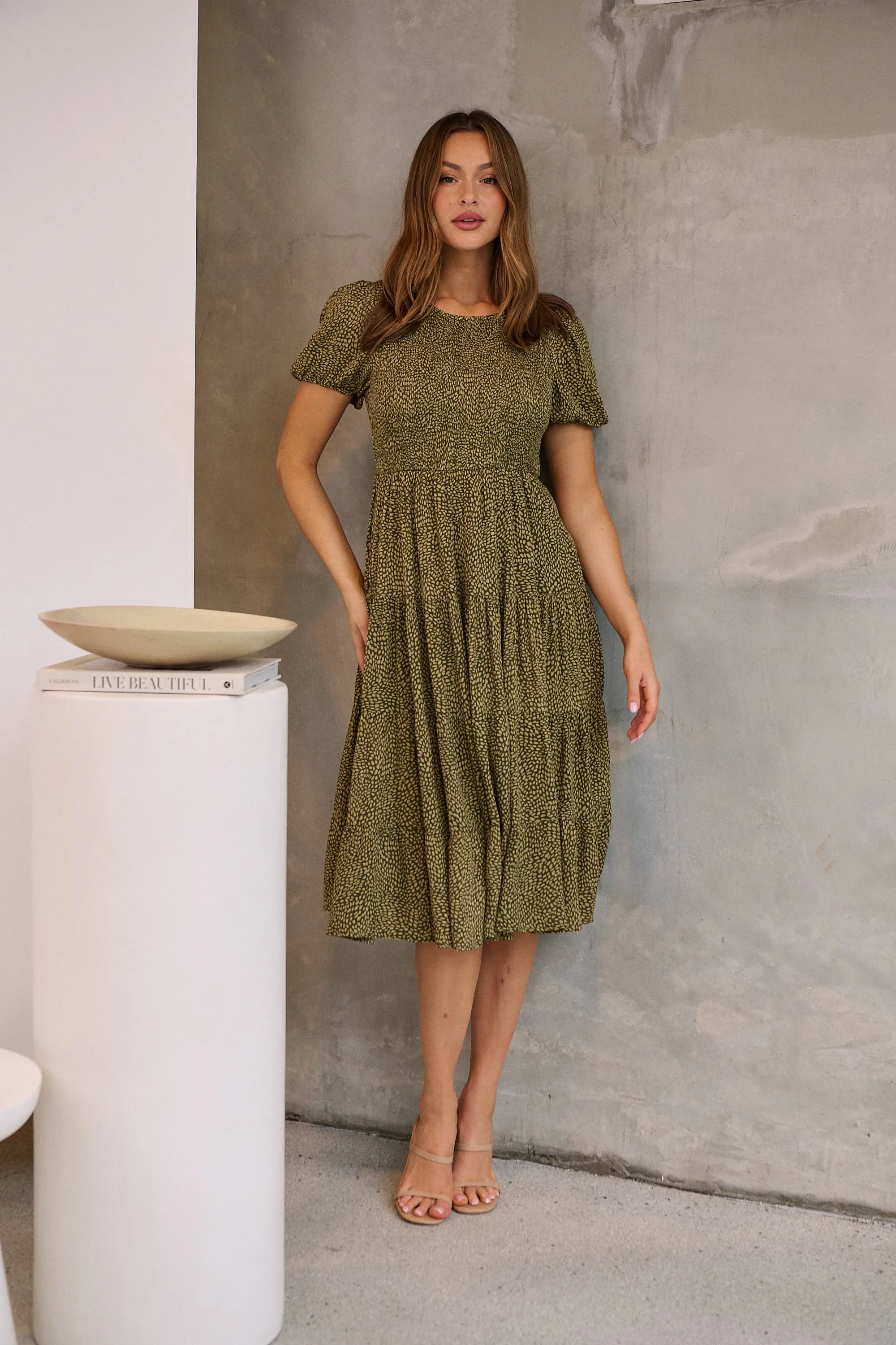 Caroline Khaki Speckled Print Shirred Tiered Dress