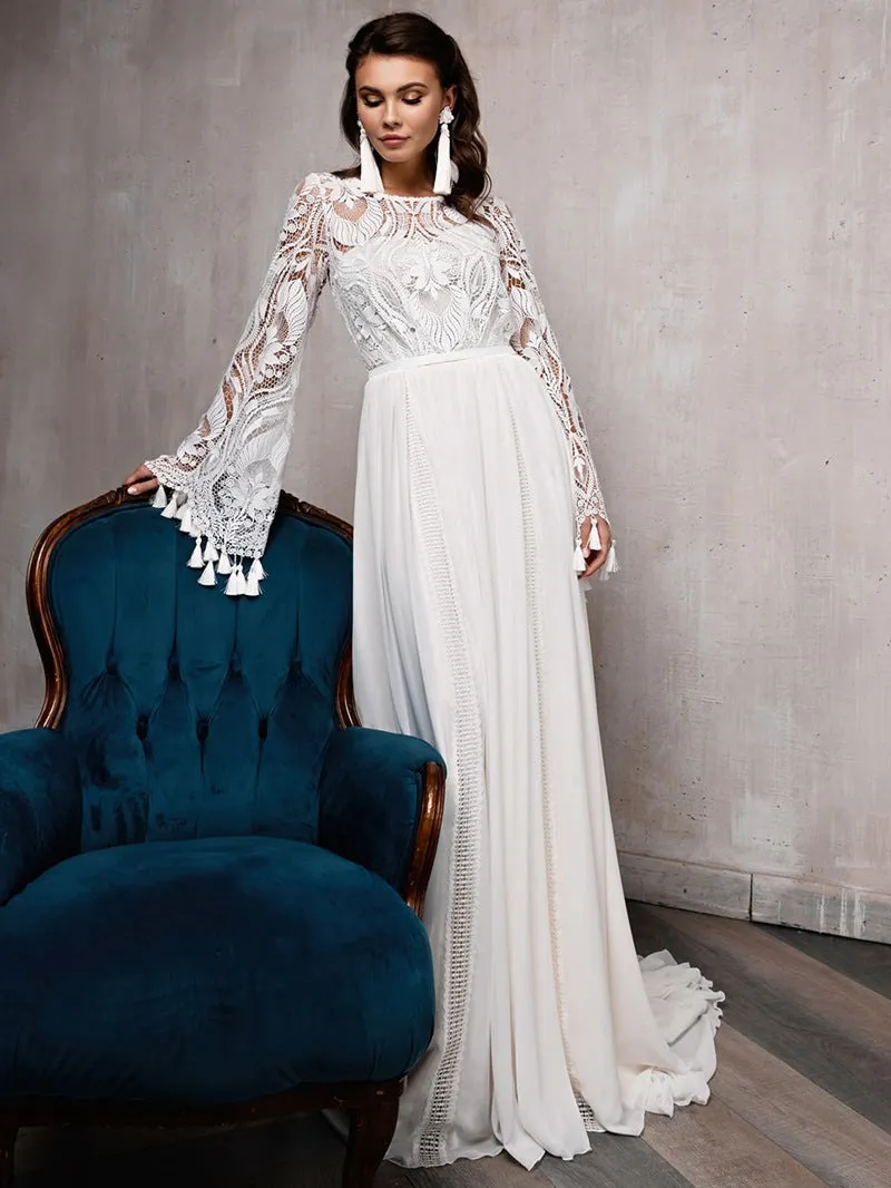 Chic A Line Long Sleeve Wedding Dress Lace Up Beautiful Bridal Dress FR004