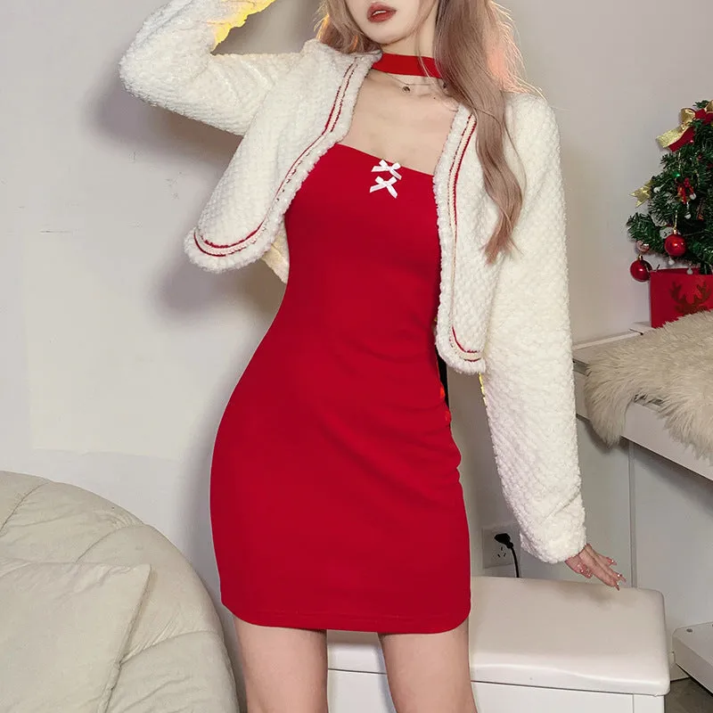 Christmas Long Sleeve Cardigan   Dress Set  KF83147