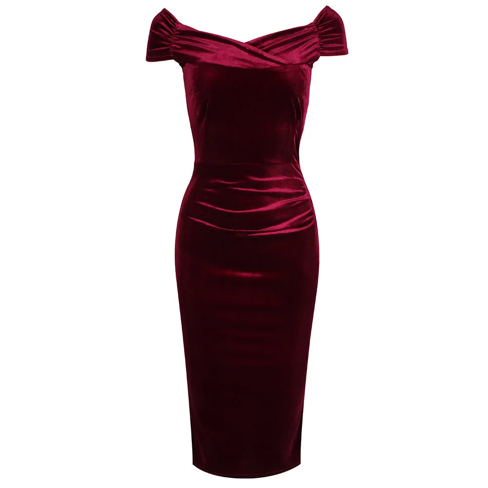 Claret Wine Red Velour Cap Sleeve Crossover Top Bardot Wiggle Dress