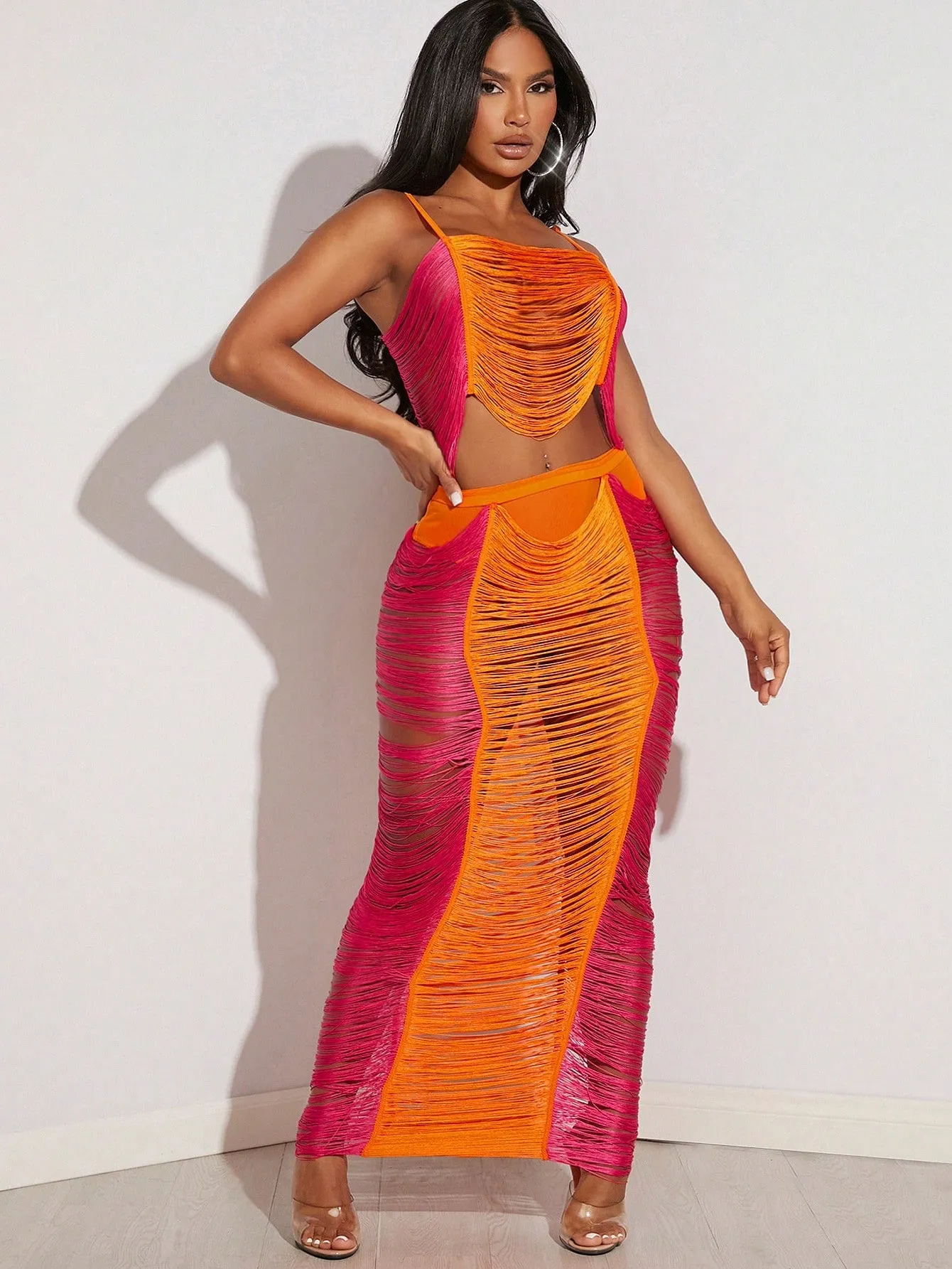 Colorblock Ripped Cami Top Maxi Skirt Set