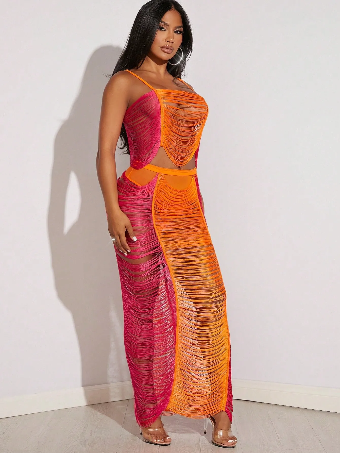 Colorblock Ripped Cami Top Maxi Skirt Set