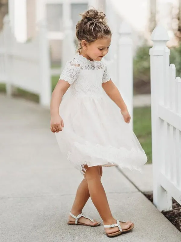 Cute White Short Sleeves Lace Appliques Flower Girl Dresses Kids Party Dresses