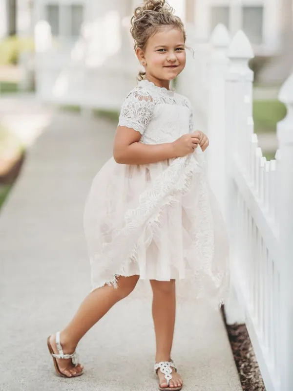 Cute White Short Sleeves Lace Appliques Flower Girl Dresses Kids Party Dresses