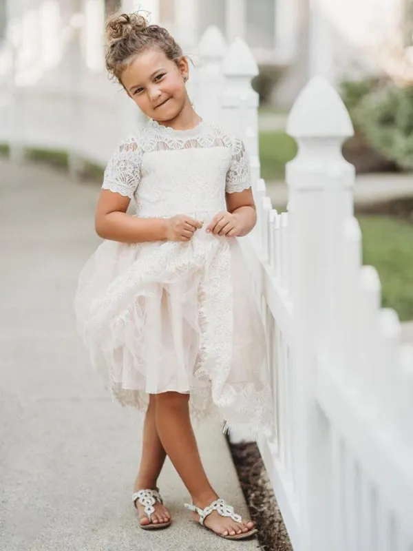 Cute White Short Sleeves Lace Appliques Flower Girl Dresses Kids Party Dresses