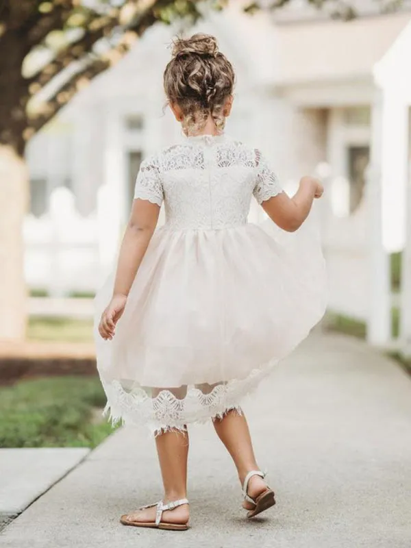 Cute White Short Sleeves Lace Appliques Flower Girl Dresses Kids Party Dresses