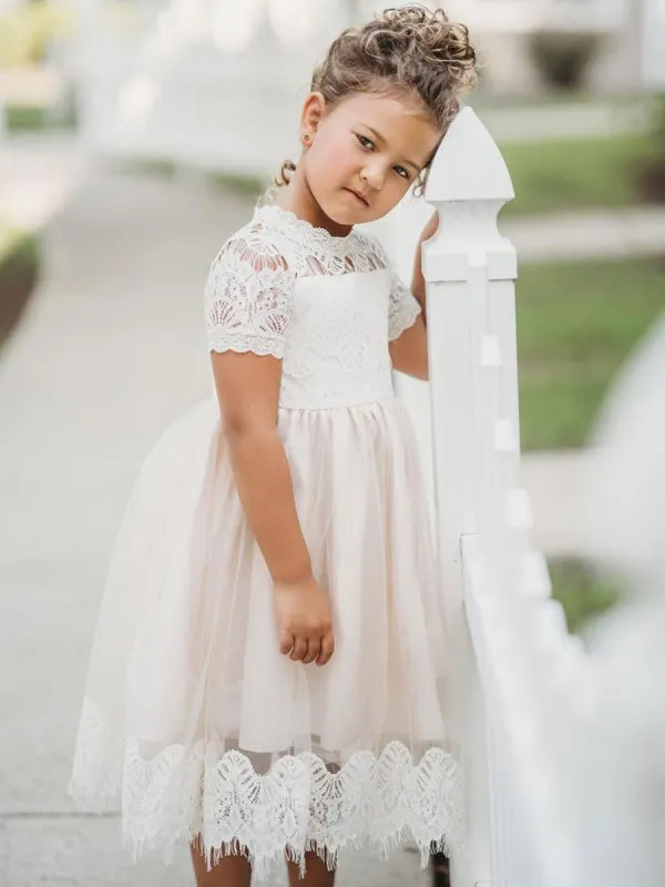 Cute White Short Sleeves Lace Appliques Flower Girl Dresses Kids Party Dresses