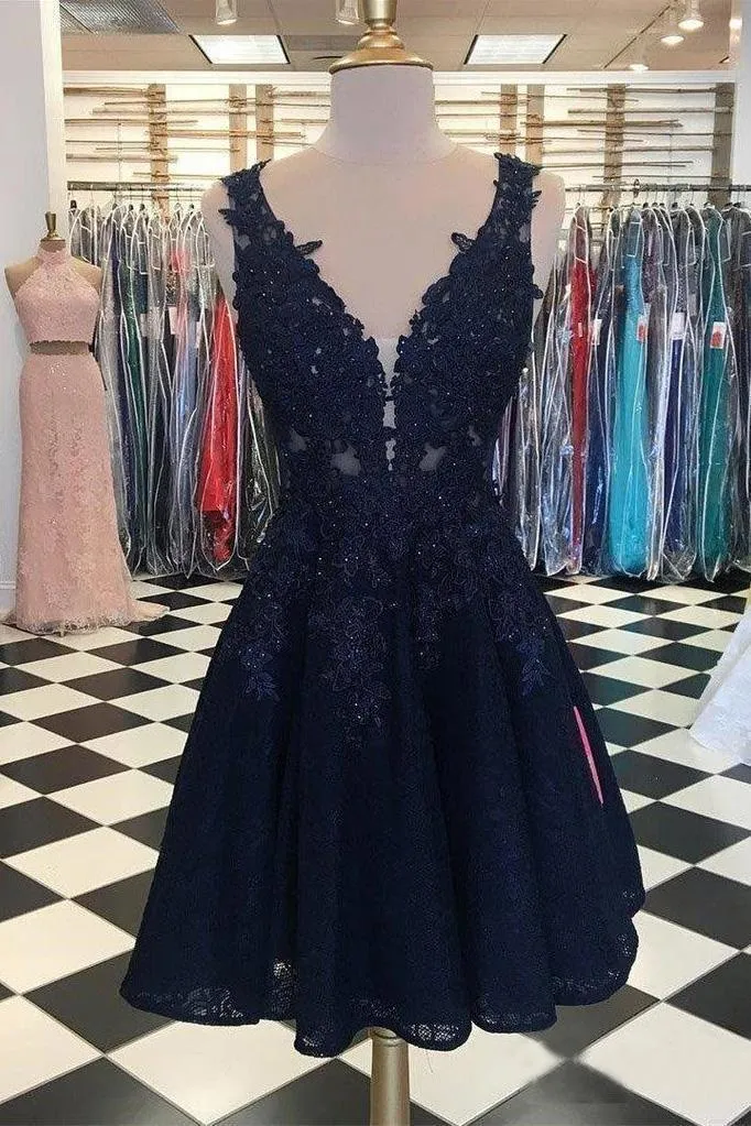 Dark Navy Lace Homecoming Dresses V Neck Appliqued Cheap Short Prom Dresses