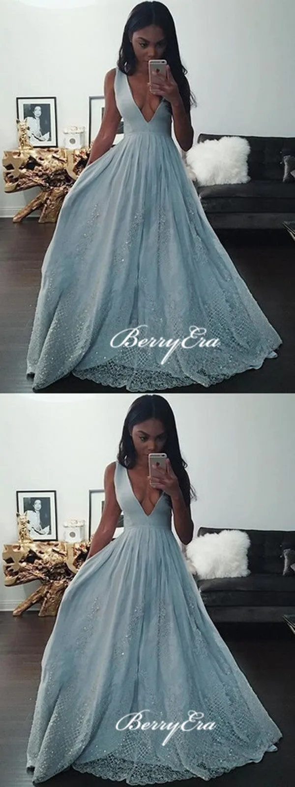 Deep V-neck A-line Prom Dresses, Sequins Prom Dresses, Newest Prom Dresses