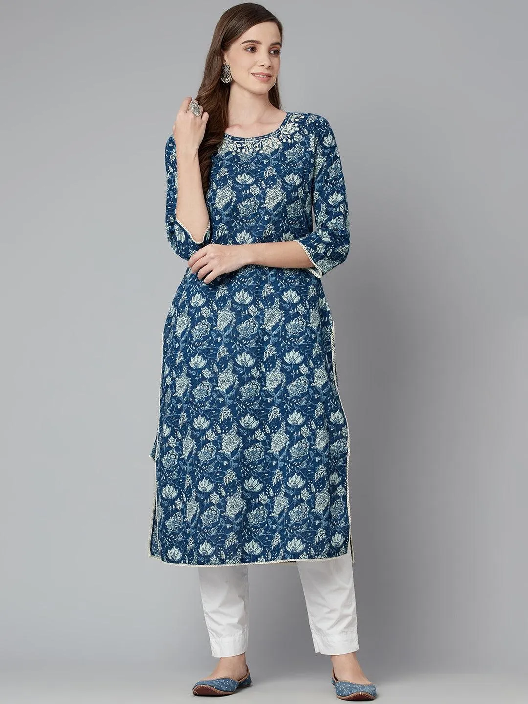 Divena Blue Floral Straight kurta