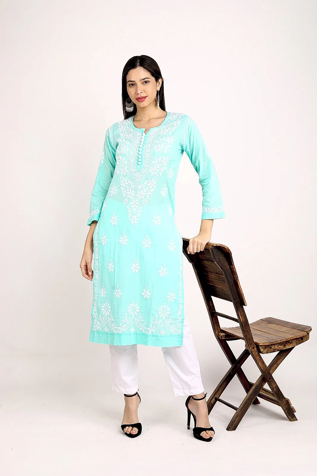 Dobby Chrochet Chikankari Straight Kurti