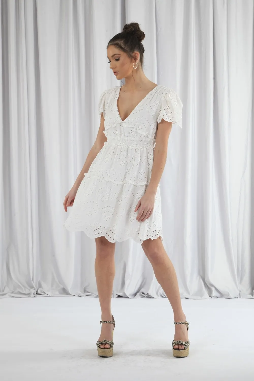 Double Second Puff Sleeve White Broderie Dress