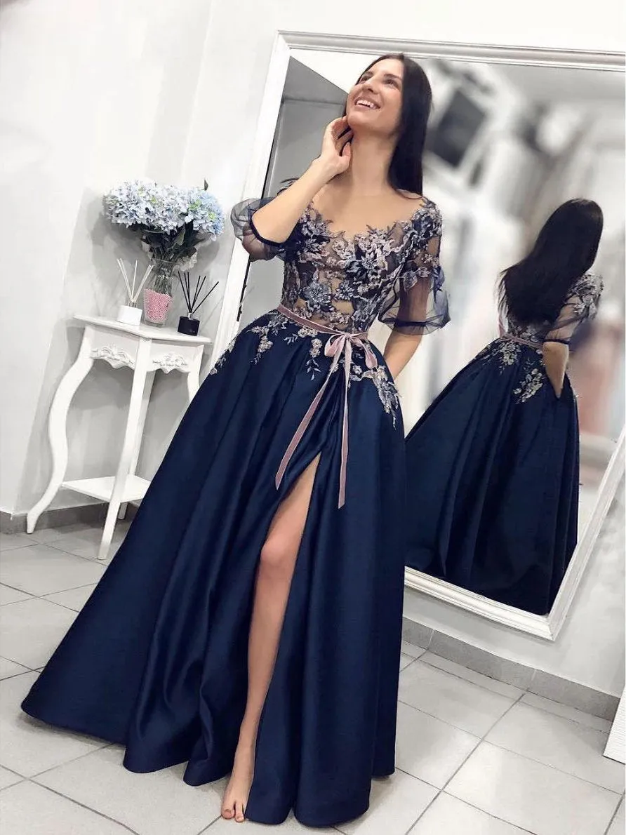 Embroidery A-Line Prom Dresses Long Half Sleeves Evening Dress with Slit ER2150