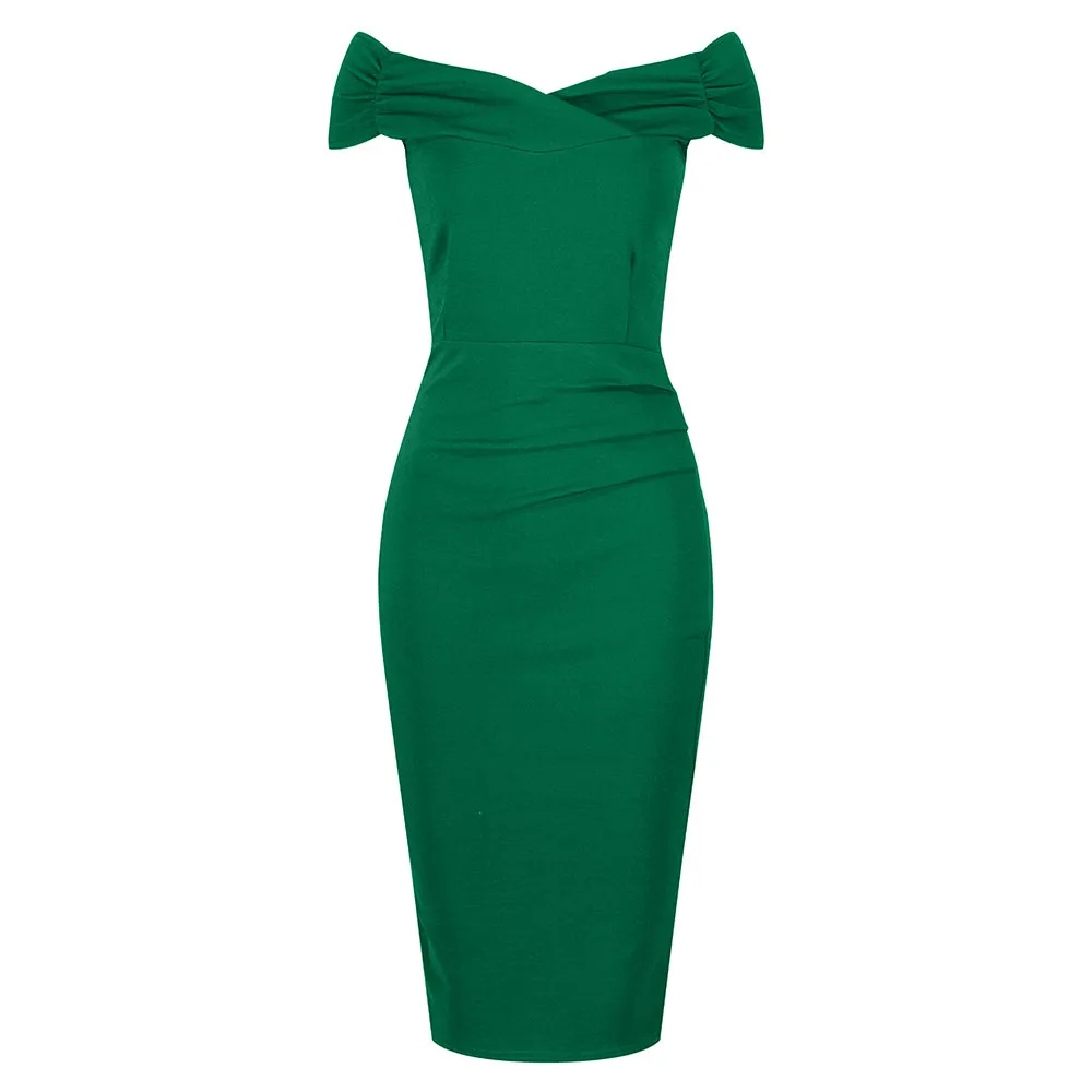 Emerald Green Cap Sleeve Crossover Top Bardot Wiggle Dress