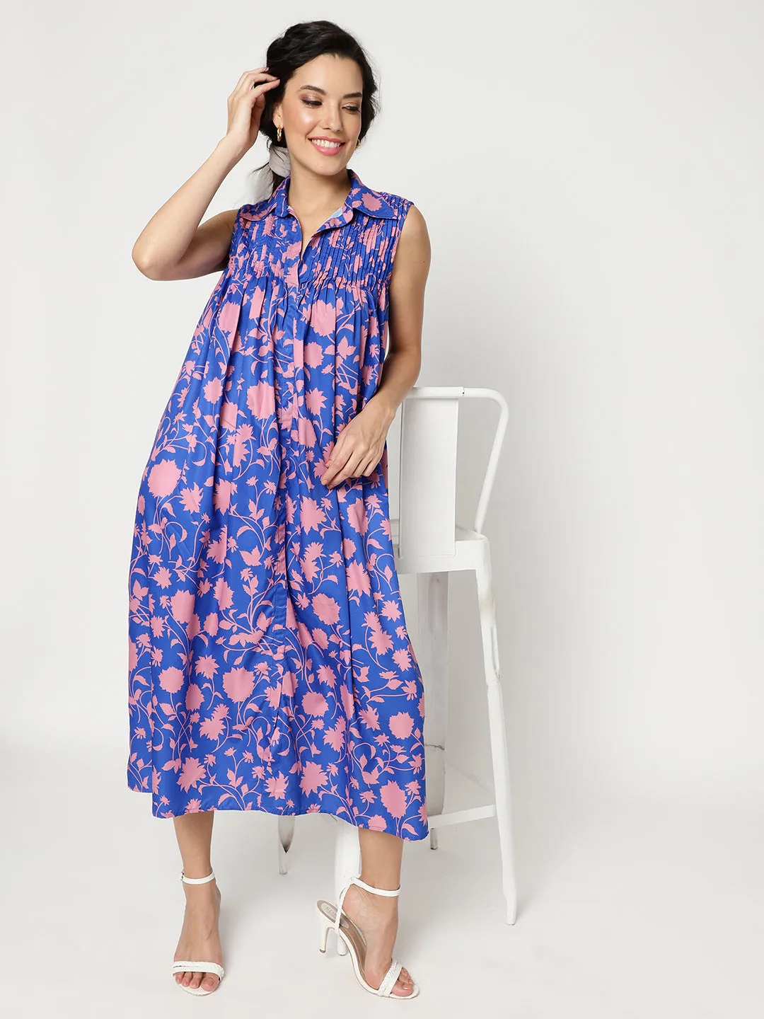 Floral Digital Printed Sleeveless Dress With Gathered Loose Fit