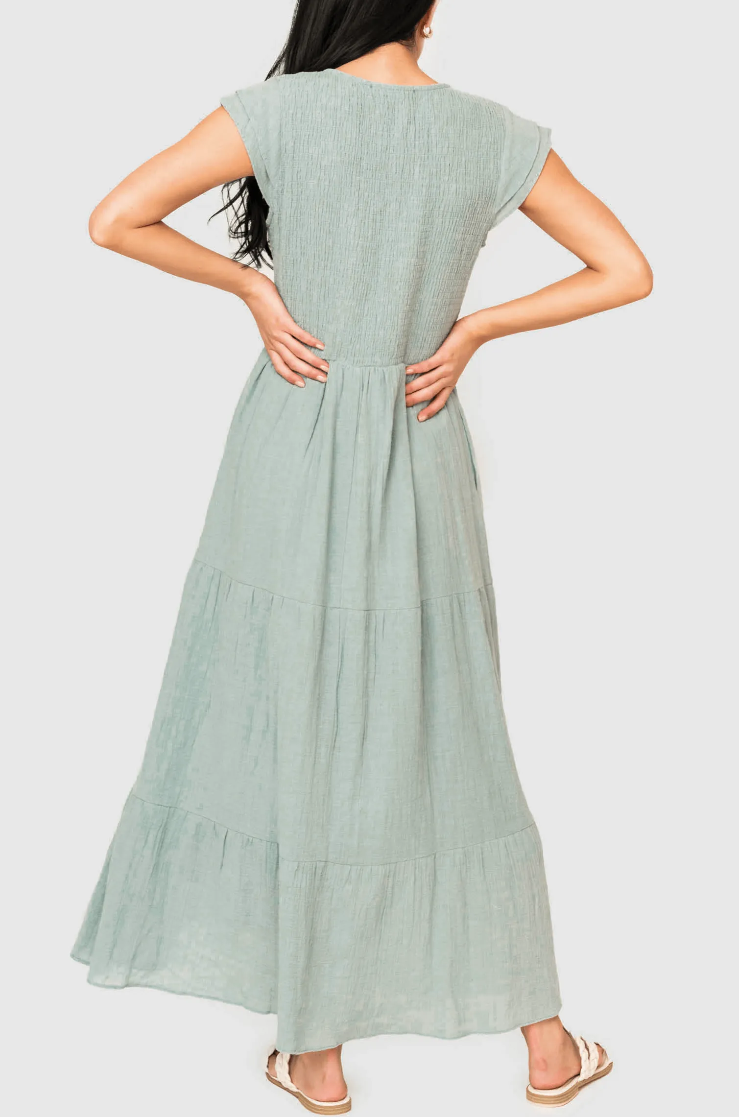 Flutter Sleeve Smocked V-Neck Tiered Maxi Dress