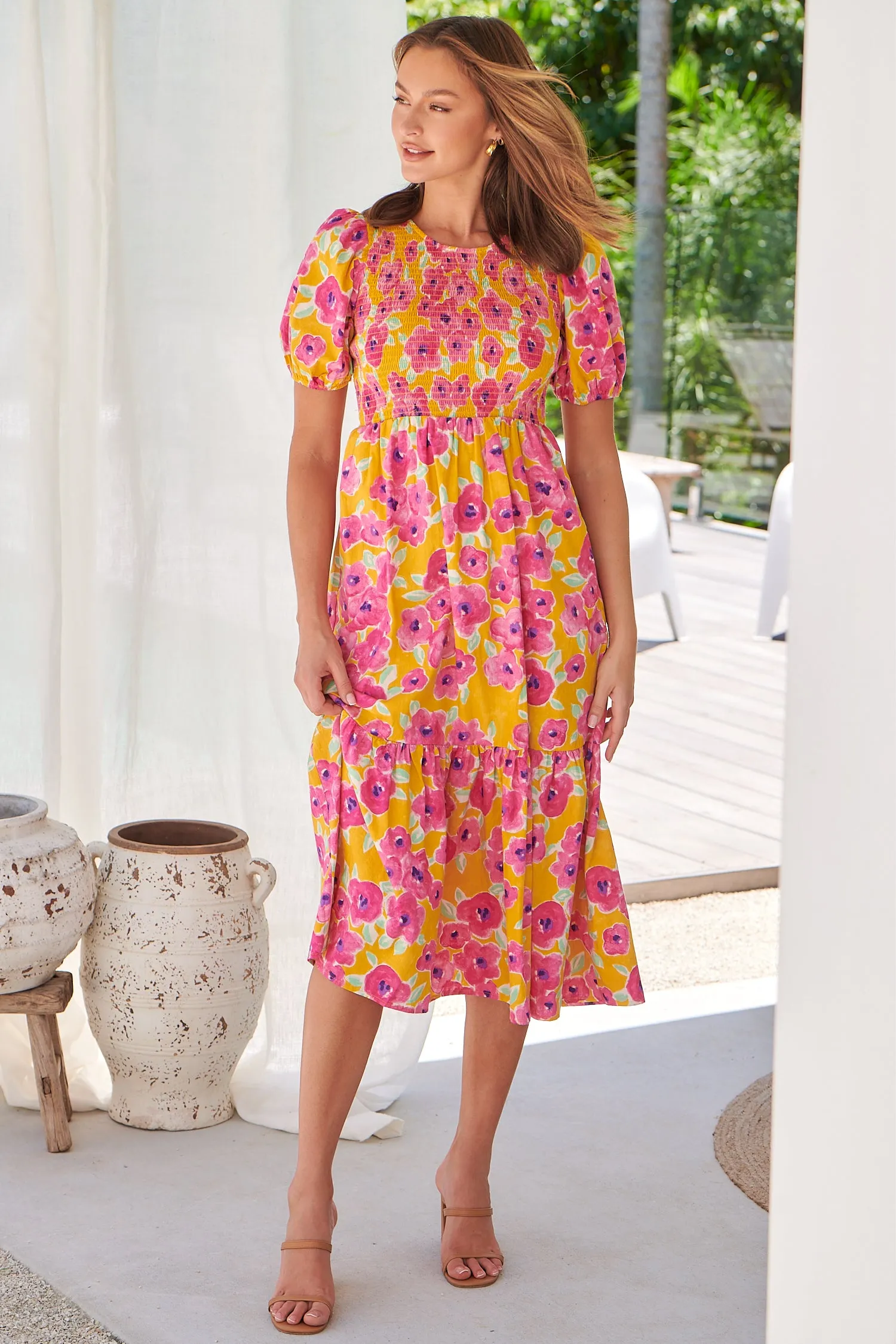 Freya Mustard/Pink Floral Shirred Bust Tiered Maxi Dress