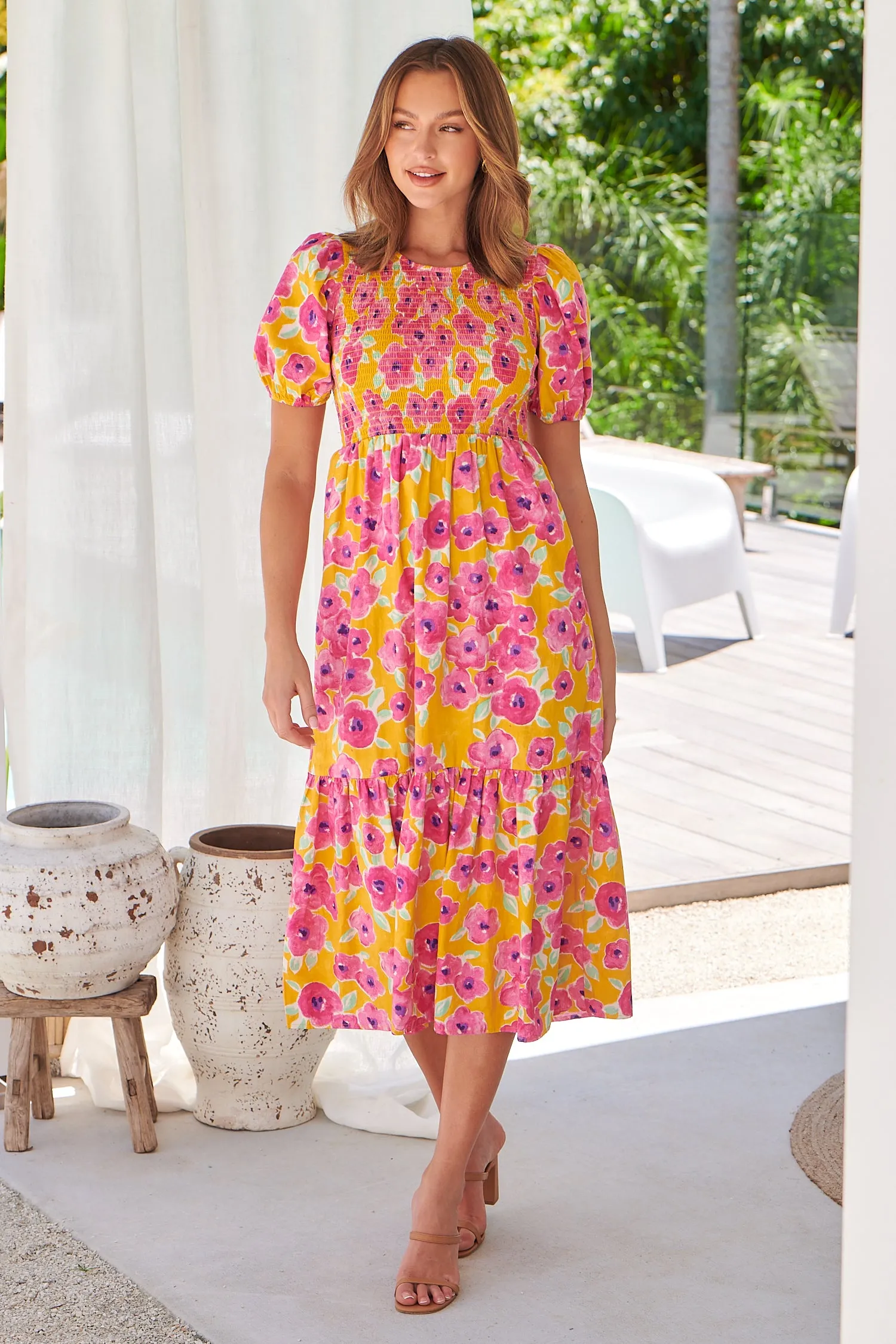 Freya Mustard/Pink Floral Shirred Bust Tiered Maxi Dress