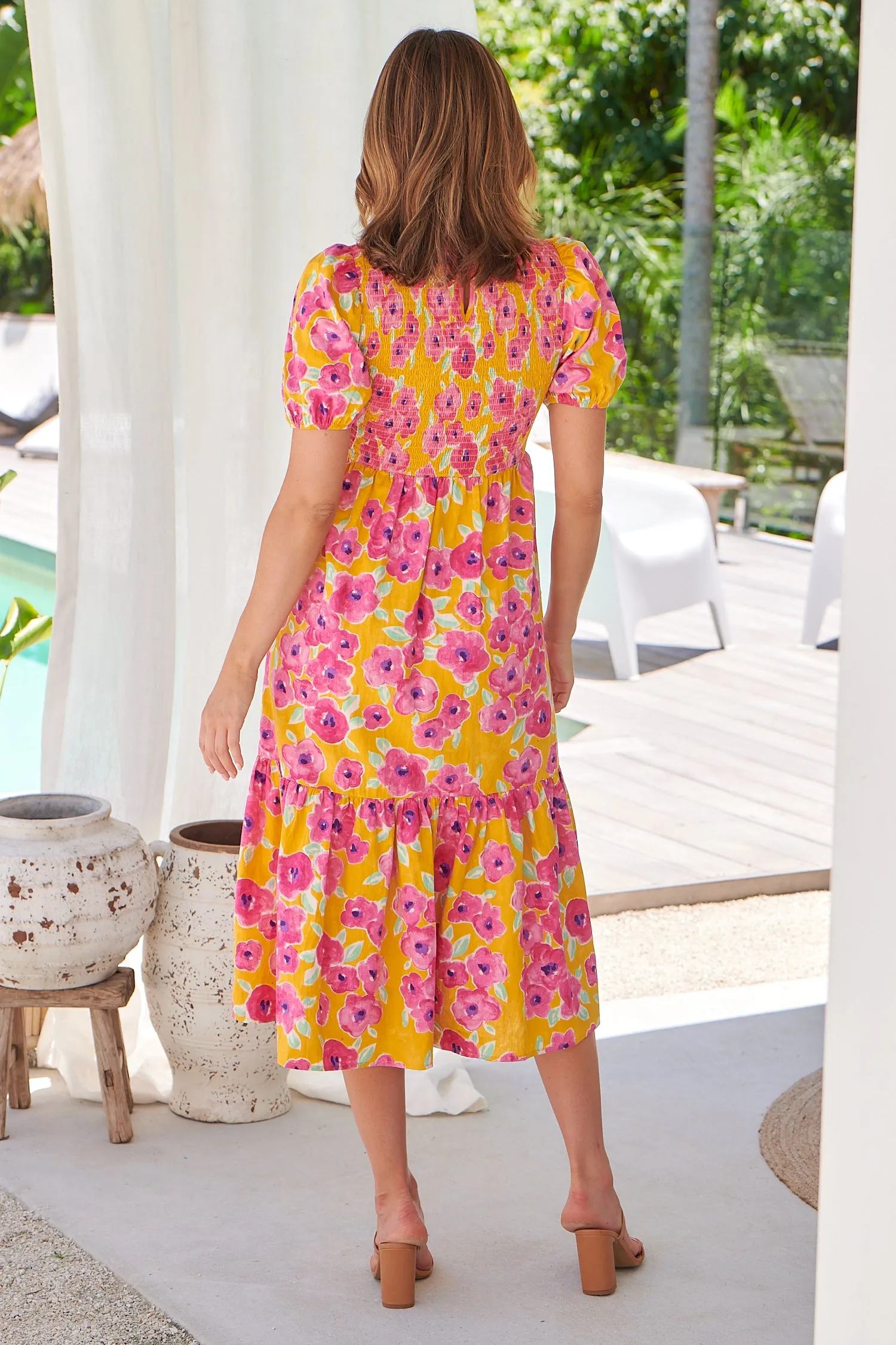 Freya Mustard/Pink Floral Shirred Bust Tiered Maxi Dress