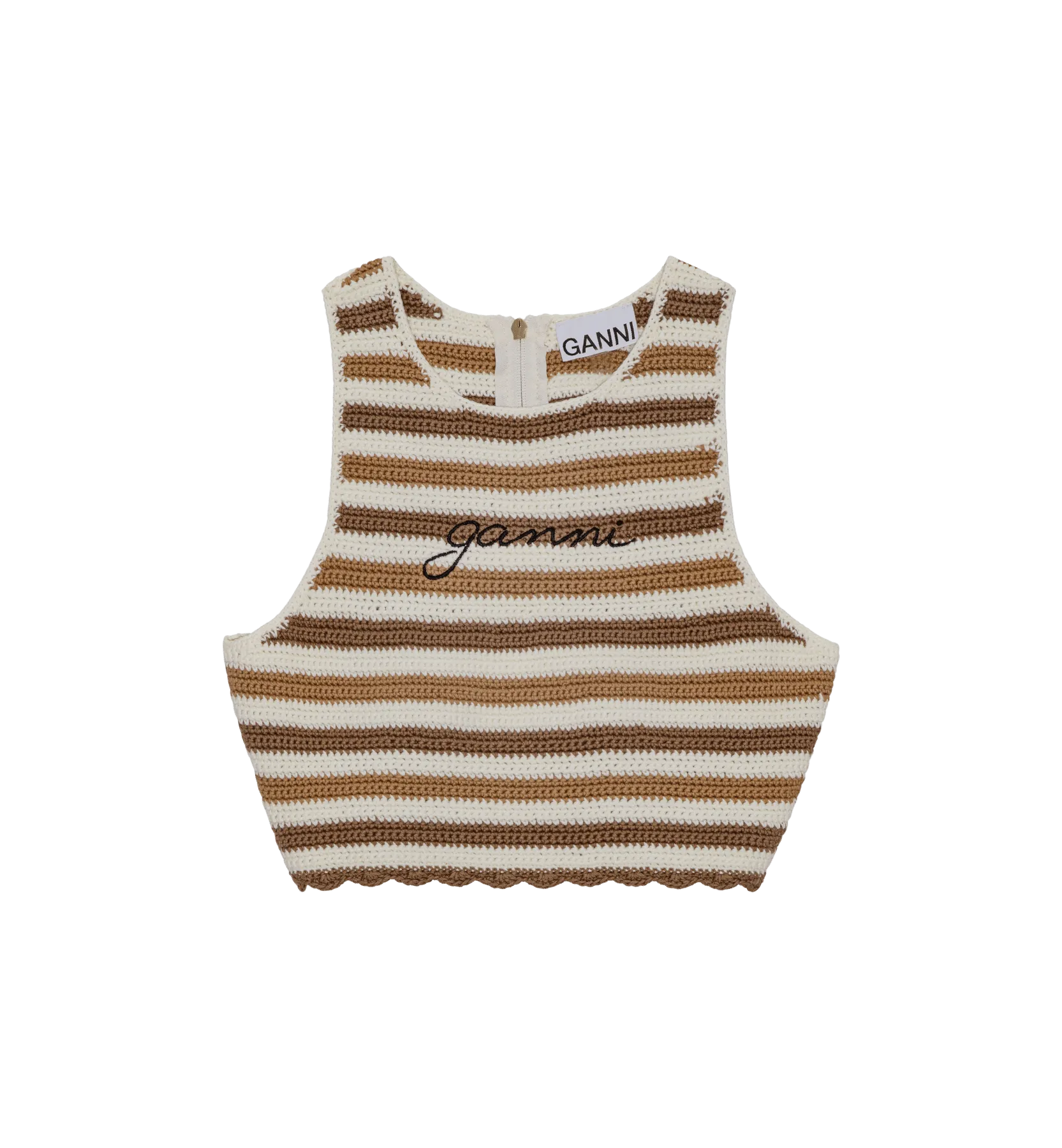 GANNI Brown Crochet Racerback Top